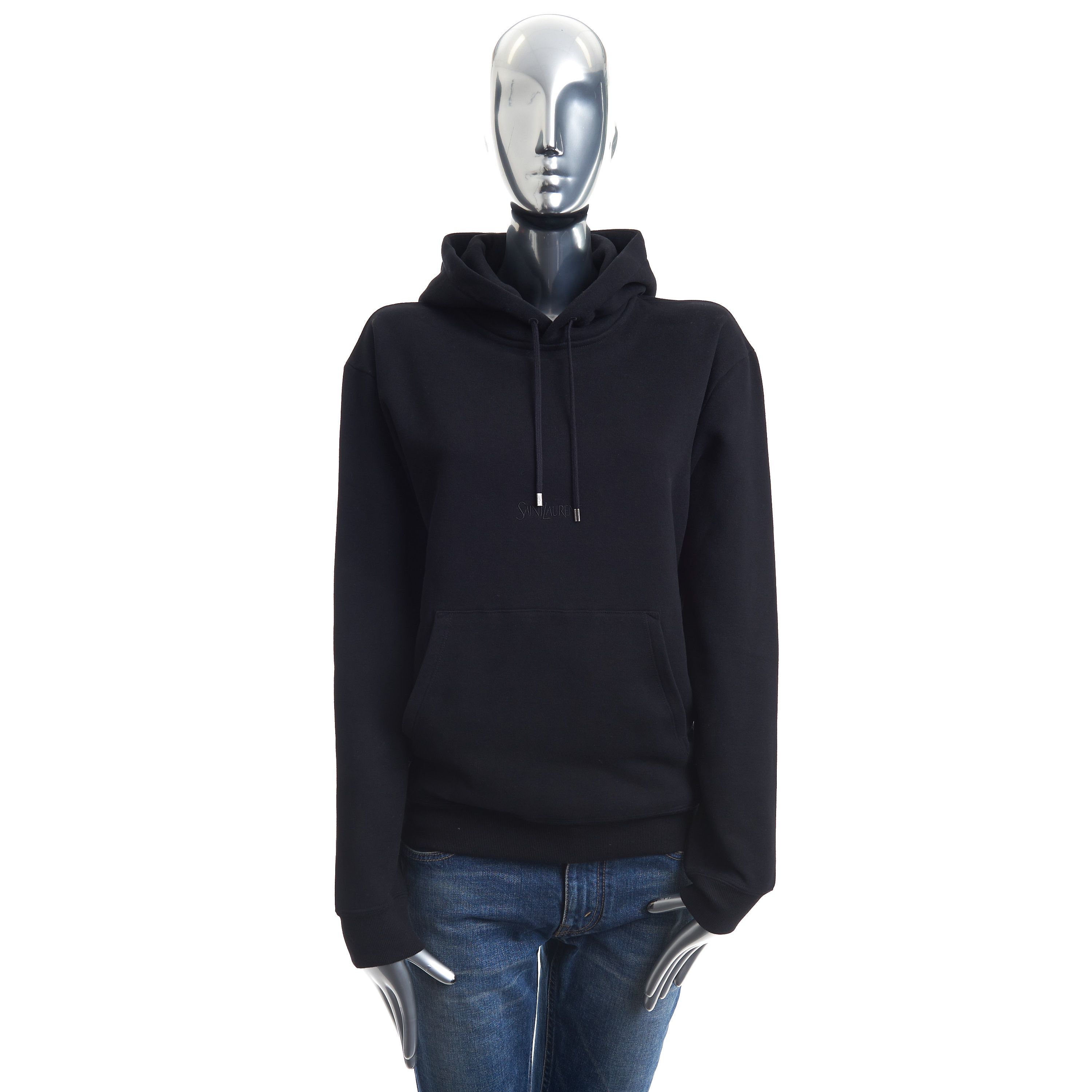 image of Saint Laurent Paris Women's Black Fleece Hoodie - Embroidered Logo (Size Large)