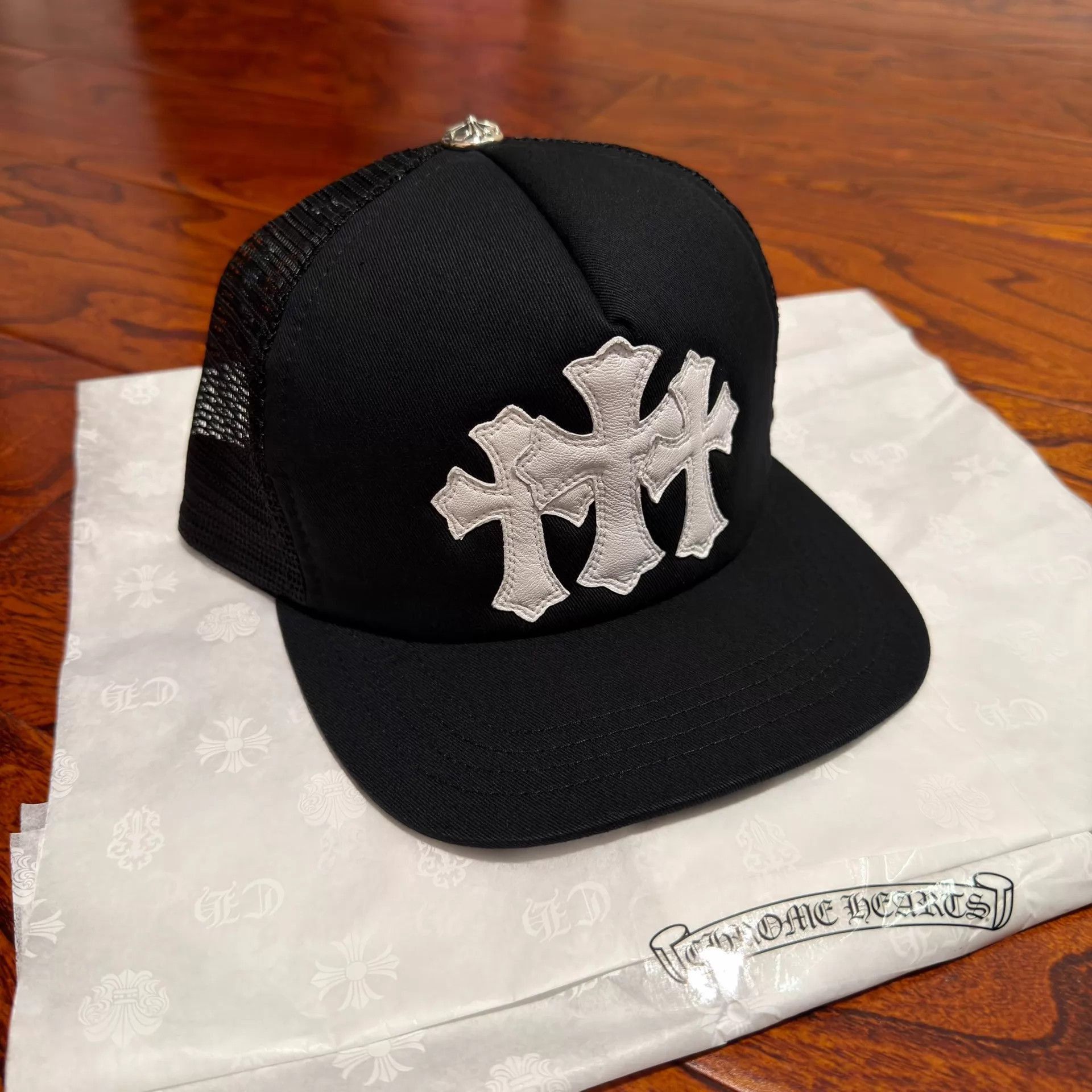 Chrome Hearts Black Trucker Hat with White Cross Embroidery Size ONE SIZE - 1 Thumbnail