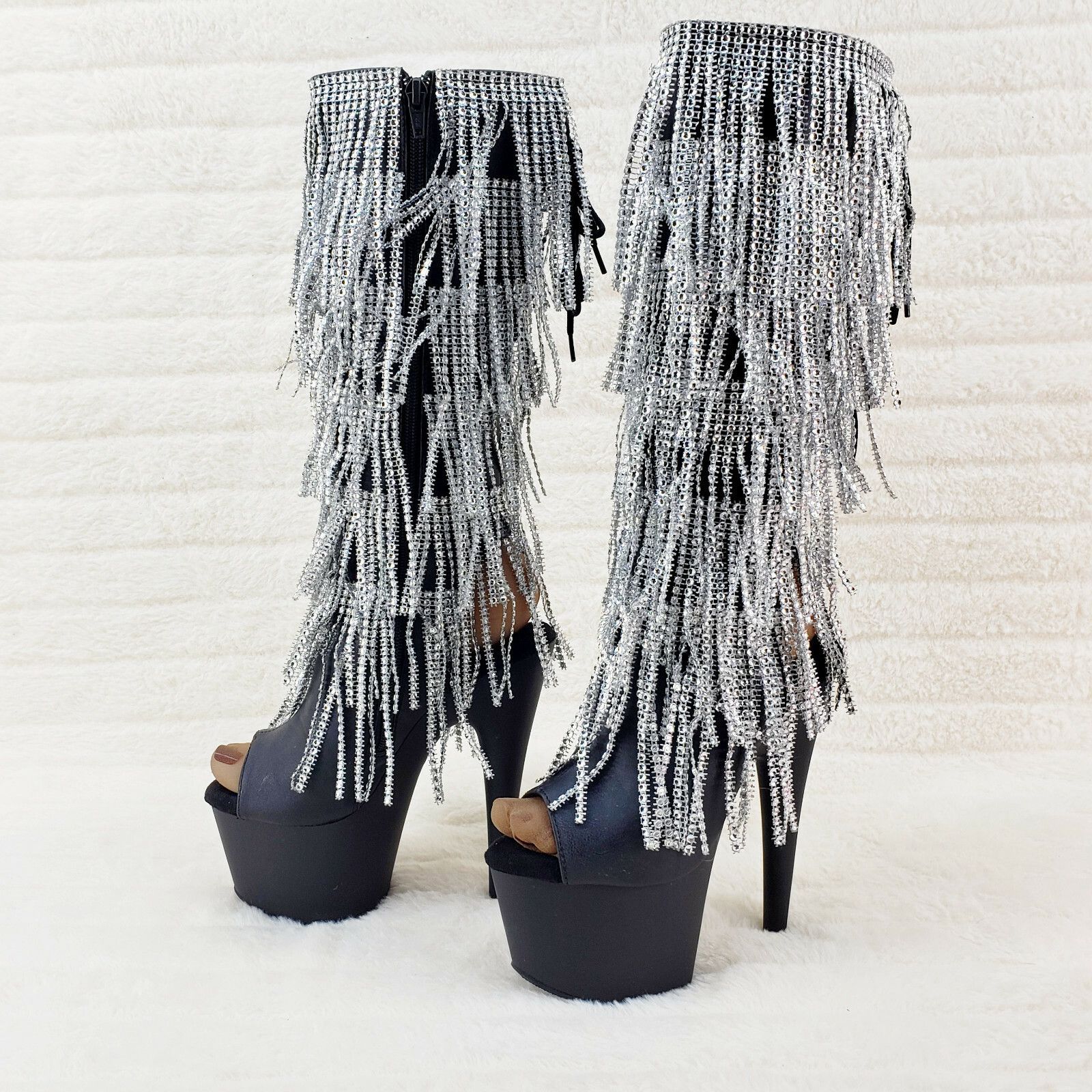Other Adore 2024 Silver Fringe Black Platform 7" High Heel Fringe Size US 10 / IT 40 - 3 Thumbnail