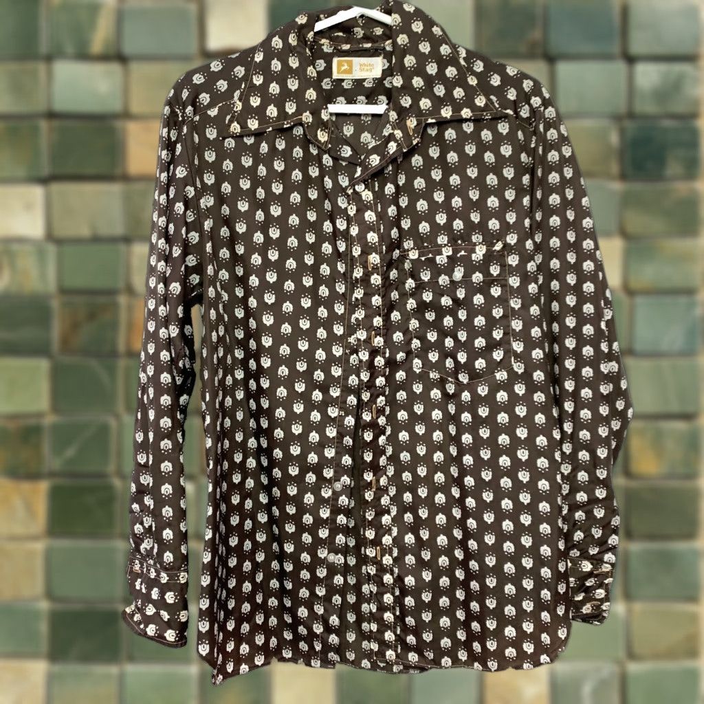 Vintage VINTAGE White Stag Shirt Mens Disco Look Brown White Chest 40" READ FLAWS 1970s Long Sleeve Size L Size US L / EU 52-54 / 3 - 1 Thumbnail