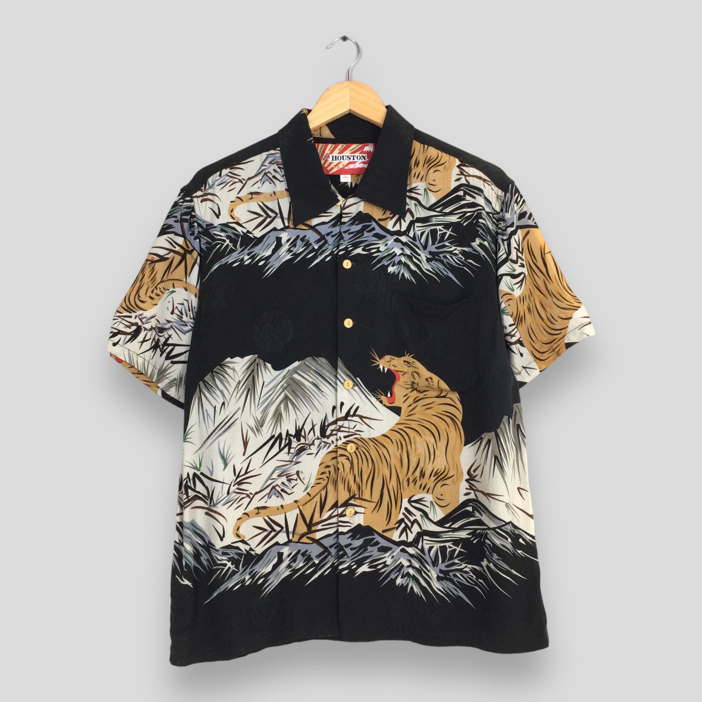 image of Aloha Wear x Hawaiian Shirt 90's Houston Jungle Tiger Roar Aloha Hawaii Rayon Shirt (Size Large)