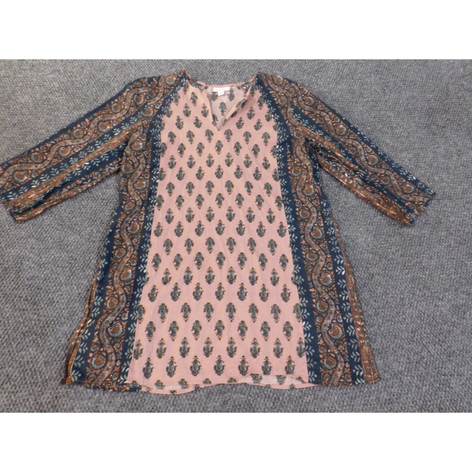 J. Jill J. Jill Blouse Shirt Tunic Pink Geometric V-Neck Cap Sleeve Slit Casual Womens S Regular Cotton Rayon Pullover No N/A Size S / US 4 / IT 40 - 3 Thumbnail