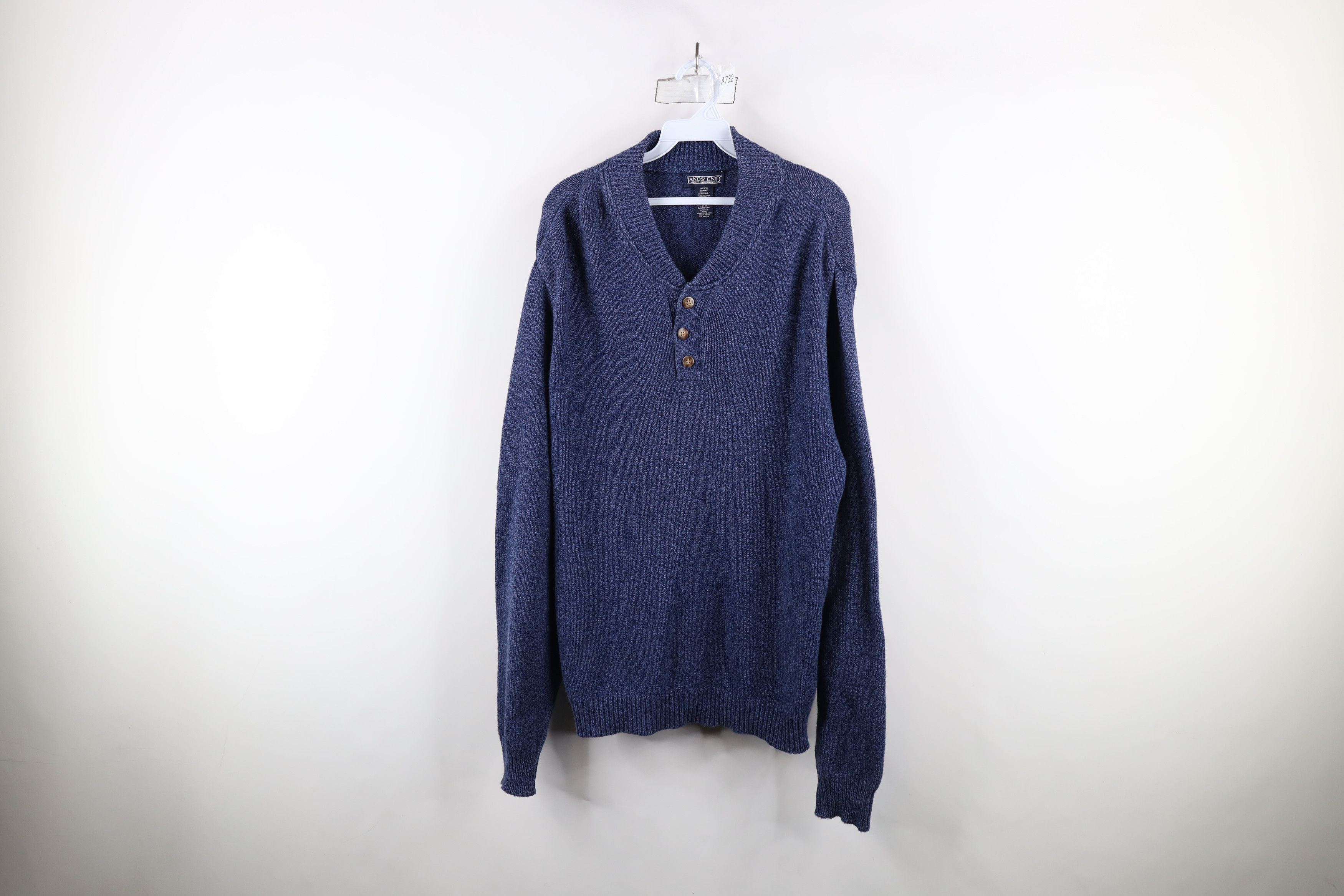 Lands' End × Vintage Vintage 90s Lands End Cotton Knit Henley Sweater Blue USA Size US M / EU 48-50 / 2 - 1 Thumbnail
