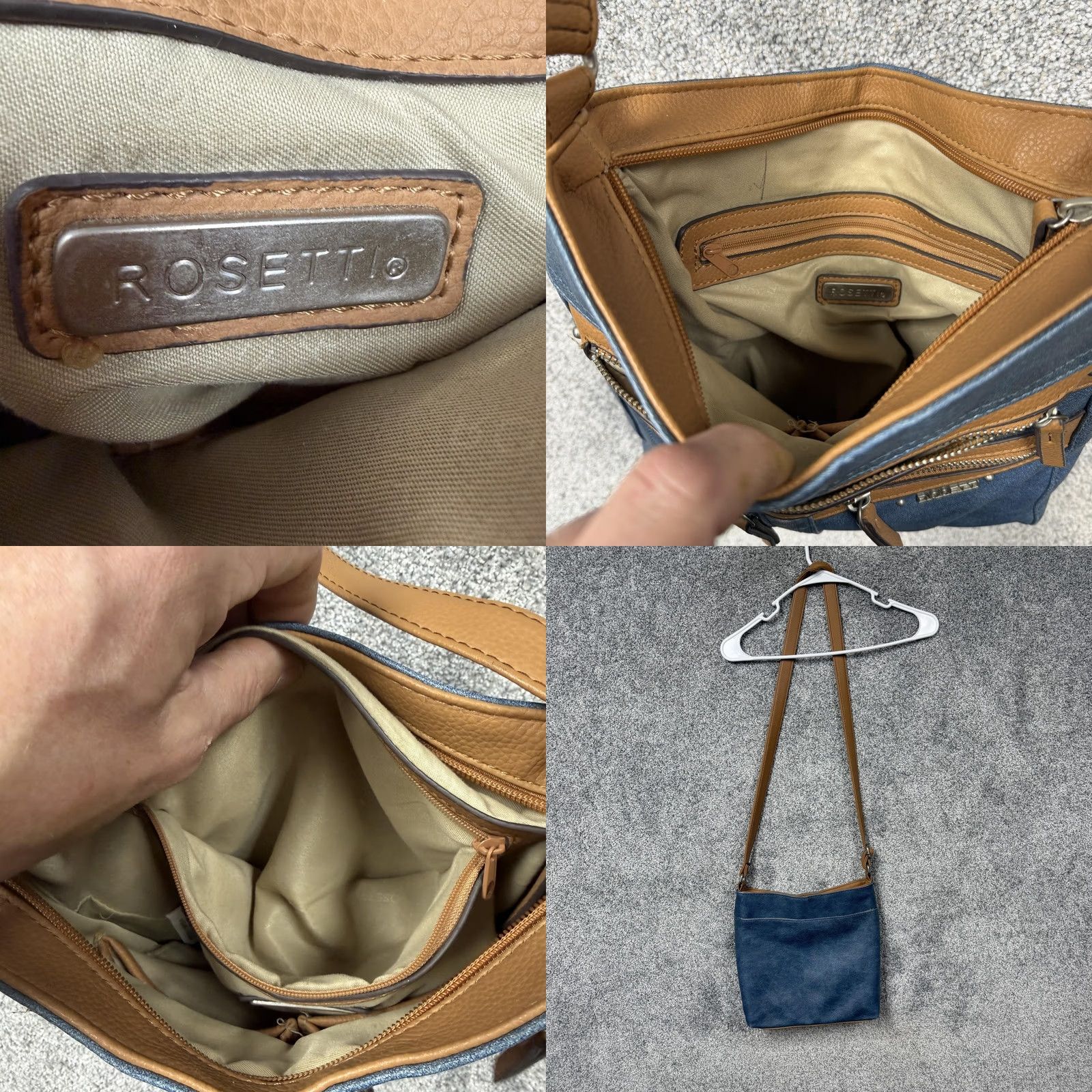 Vintage Rosetti Crossbody Bag Medium Blue Faux Leather Solid 10x23 Zipper Exterior Pockets Beige Lining Brown Strap Womens Casual Everyday Bag Size ONE SIZE - 9 Thumbnail