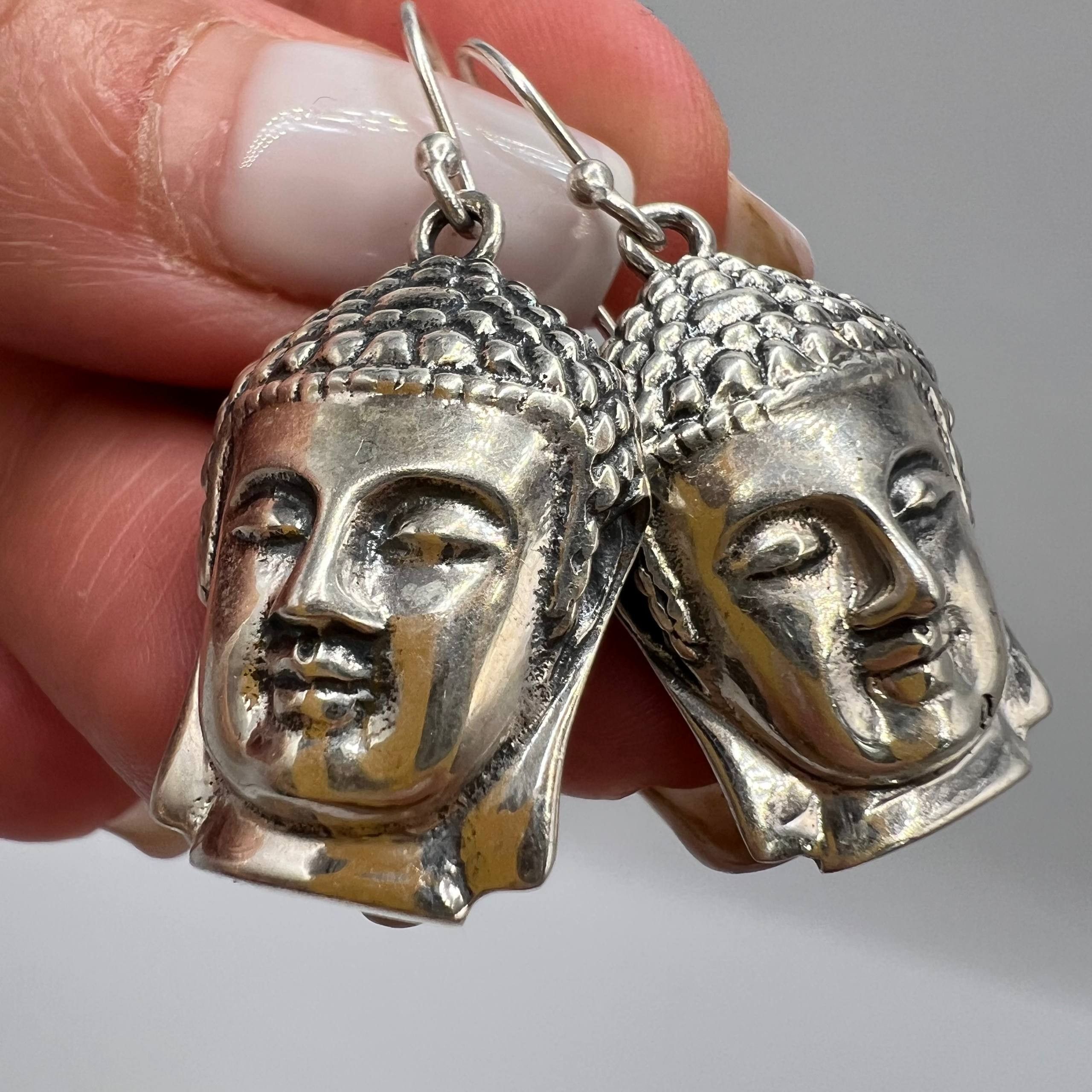 Sterling Silver Vintage Sterling Silver 925 Buddha Head Earrings Spiritual Size ONE SIZE - 2 Thumbnail