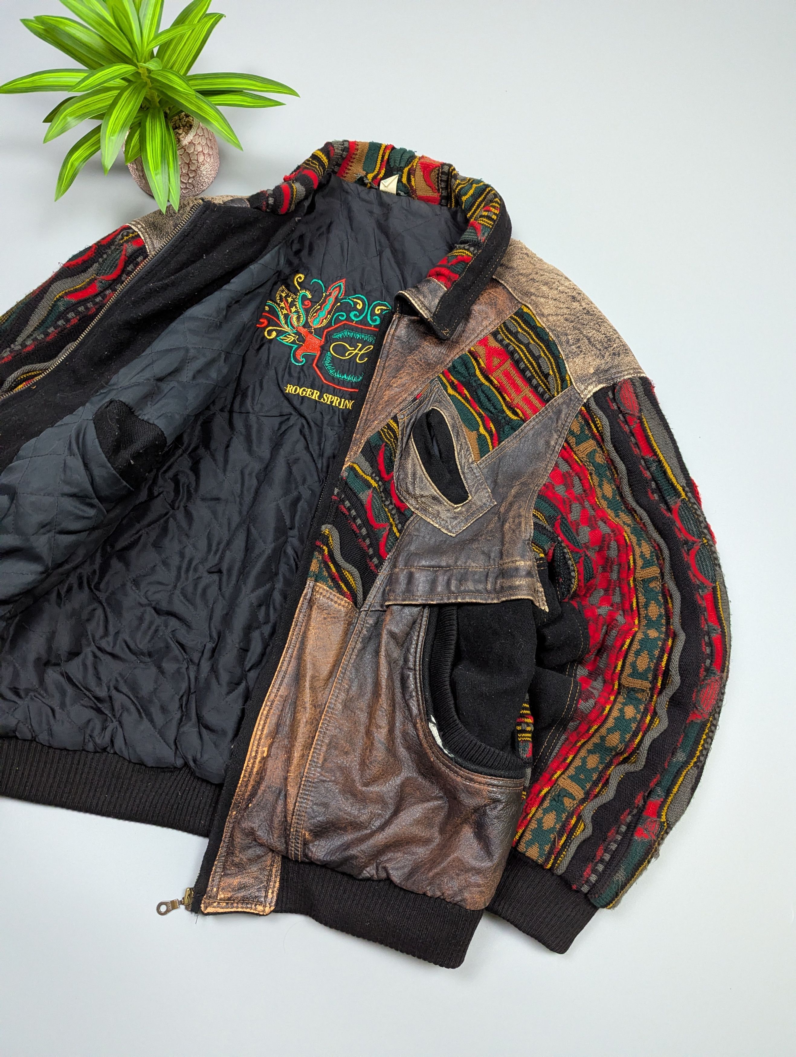 Vintage Roger Springfield Vintage 80s Leather×Knit Patchwork Bombe Size US L / EU 52-54 / 3 - 8 Thumbnail