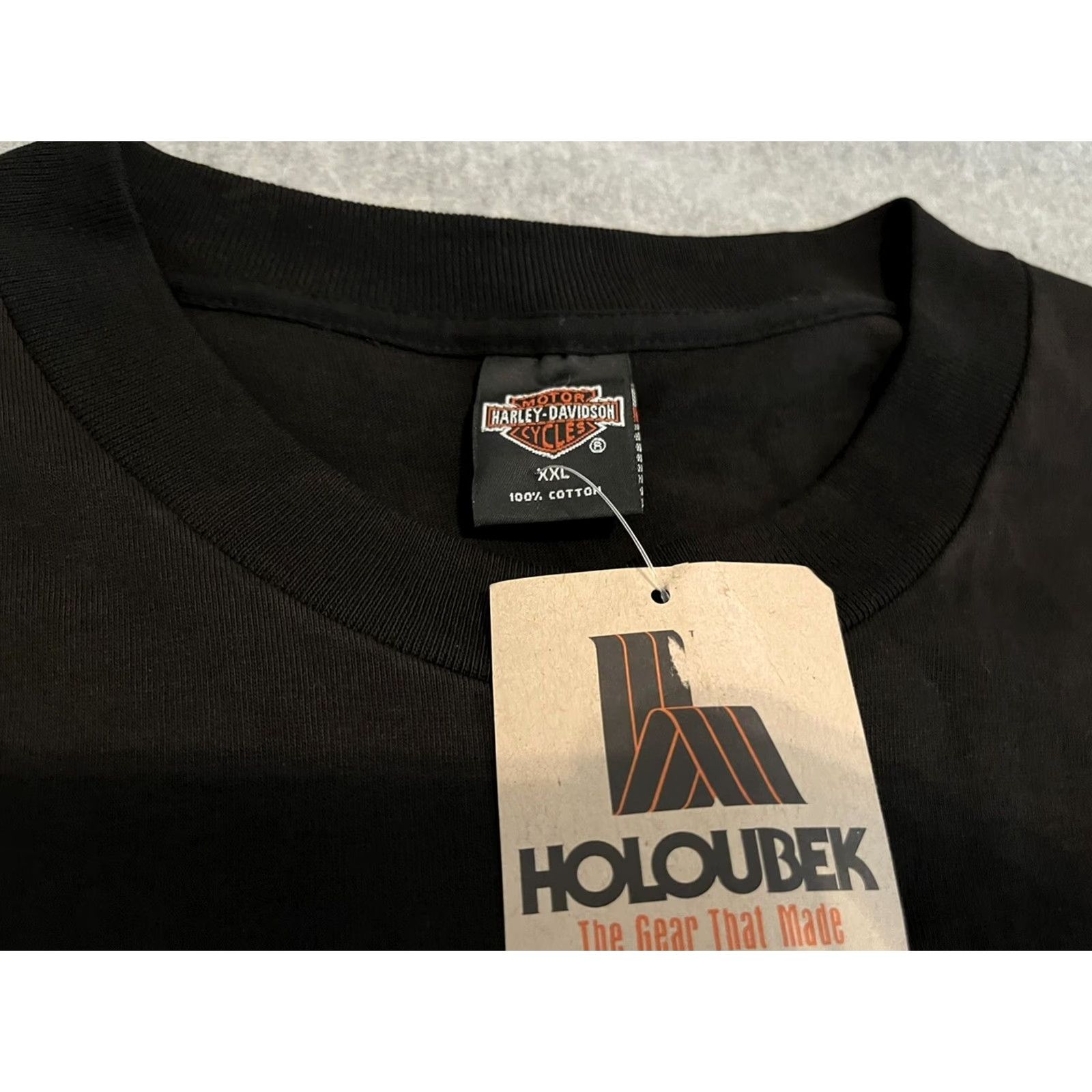 Harley Davidson VINTAGE Harley-Davidson Shirt Mens 2XL Black Cotton Short Sleeve Crew Neck Double-Sided 1992 Holoubek Take Hold Thunder NWT Size US XXL / EU 58 / 5 - 4 Thumbnail