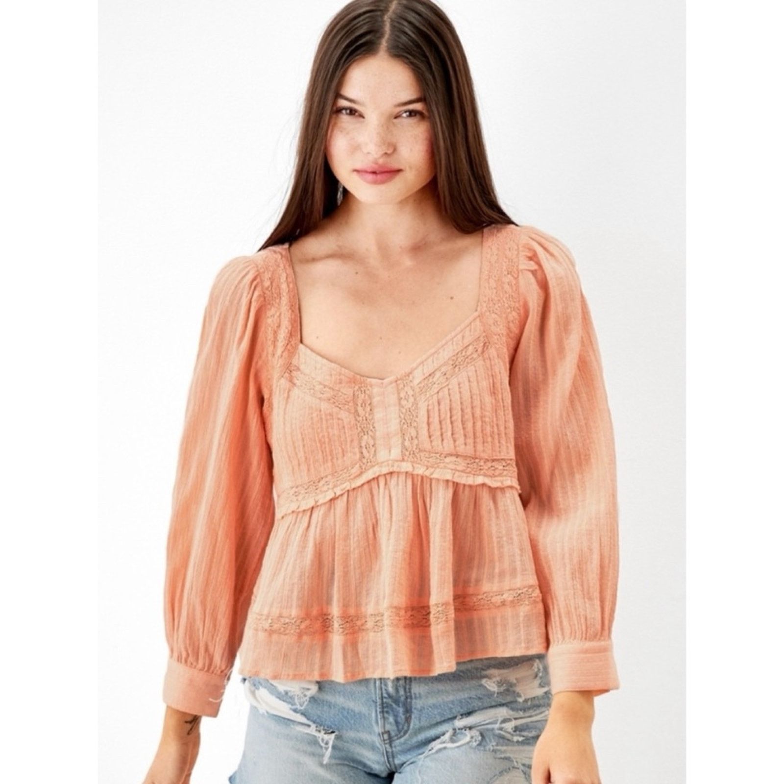 American Eagle Outfitters AMERICAN EAGLE • Peach Boho Long Sleeve Babydoll Blouse Size L / US 10 / IT 46 - 16 Thumbnail