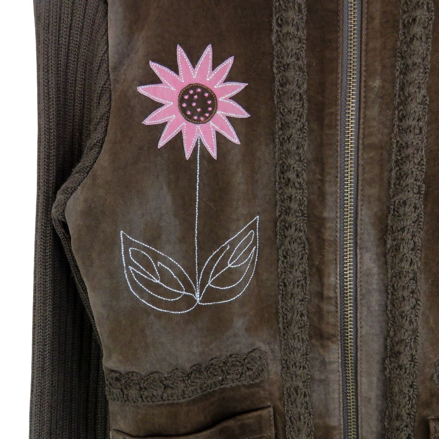 Vintage Y2K Brown Suede Pink Embroidered Flower Vintage Jacket Small Size S / US 4 / IT 40 - 4 Thumbnail