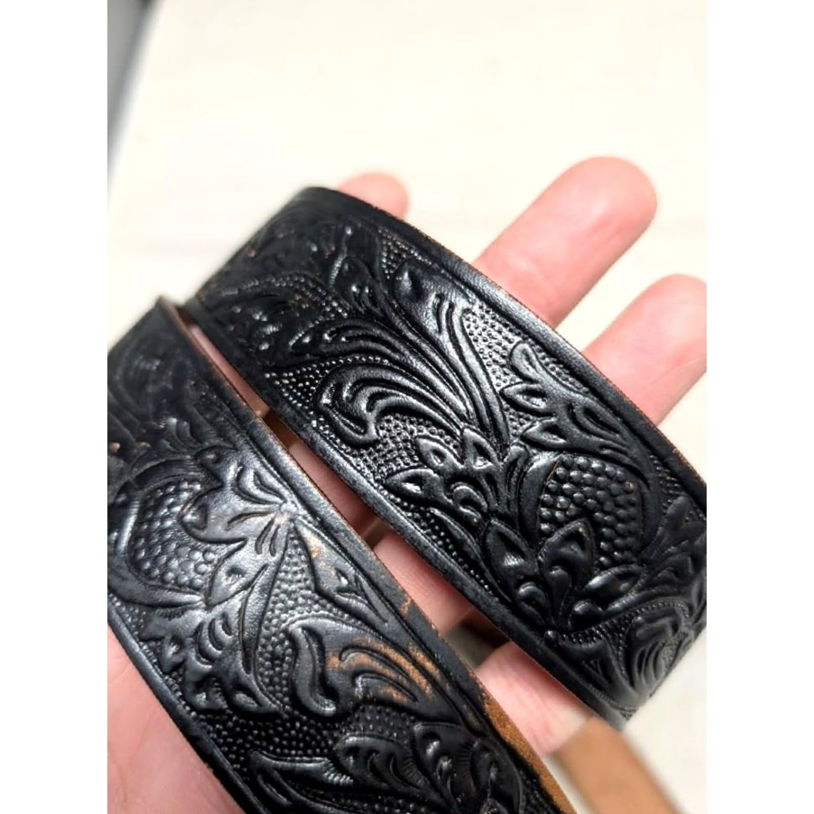 Vintage VINTAGE handcrafted USA made TOOLED belt western belt 36 leather steerhide floral buckle western Mens Black 36 Size 36 - 2 Thumbnail