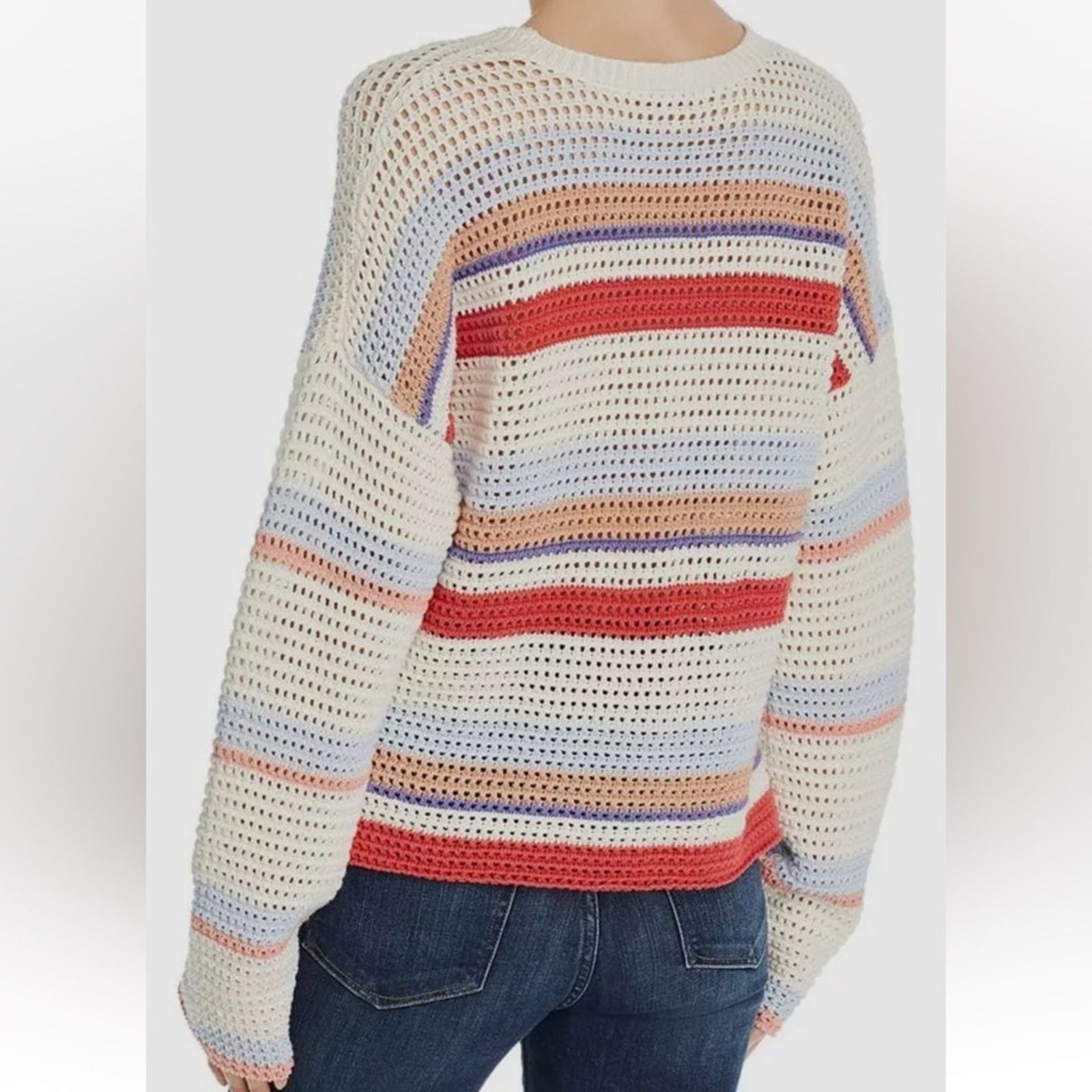 Joie Joie Diza White Striped Knit Long Sleeve Cropped Sweater Size L / US 10 / IT 46 - 2 Thumbnail