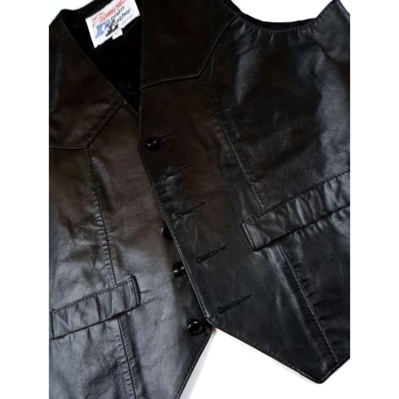 Vintage Diamond Vest Black Leather full button Diamond Denim&Leather Vest 40 Mens Biker ect. Size US XXS / EU 40 - 2 Thumbnail