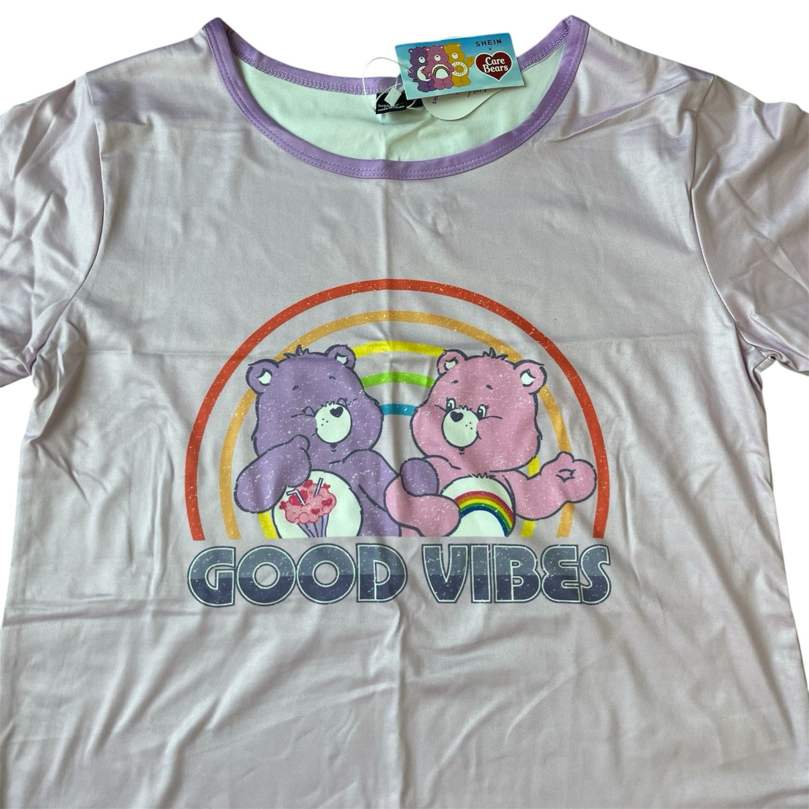 Shein Care Bear Purple Good Vibes Rainbow Short Sleeve Silky Shirt Size S / US 4 / IT 40 - 2 Thumbnail