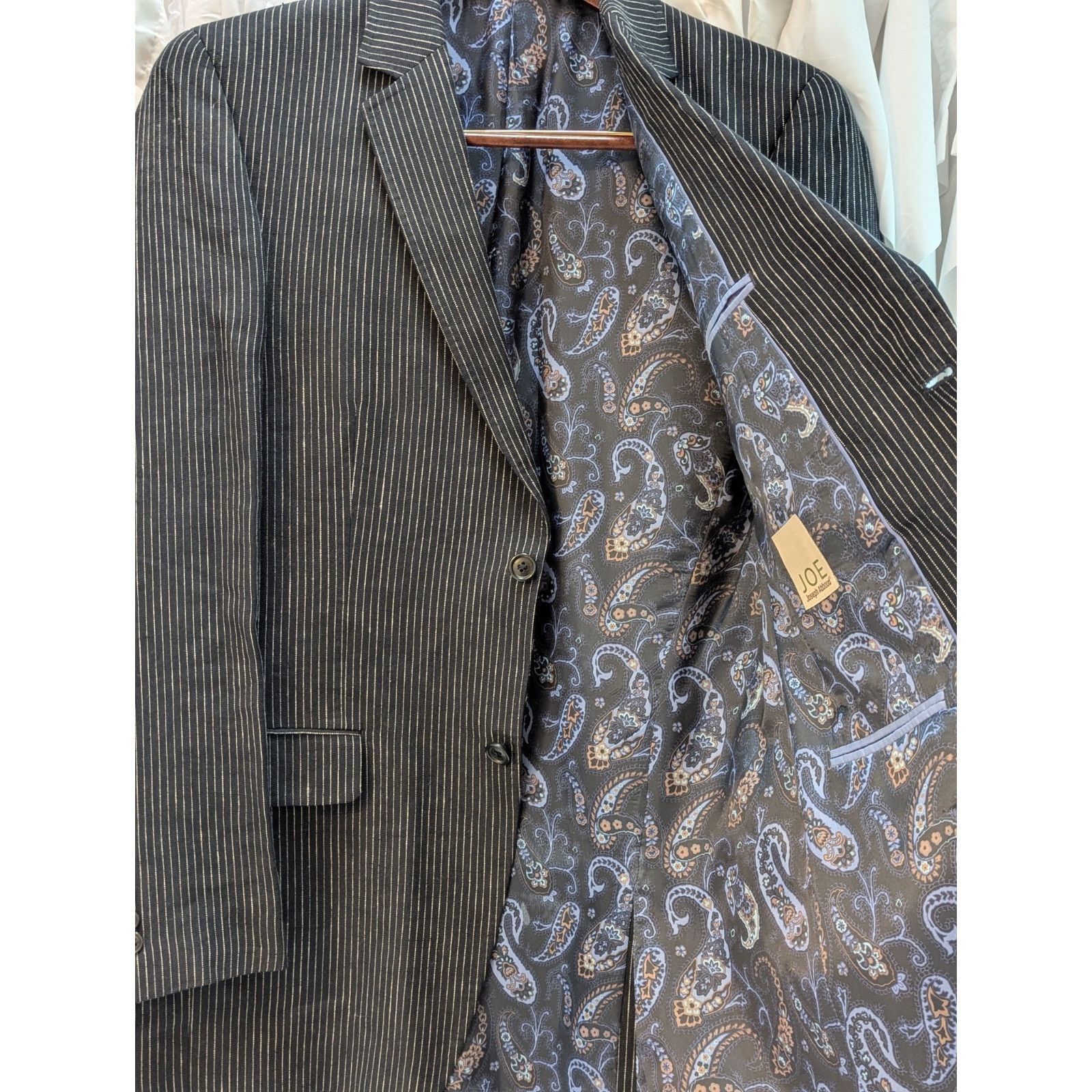 Joseph Abboud Size 38L Black w/White Pin Stripes Linen 2 Button Notch Size 38L - 3 Thumbnail