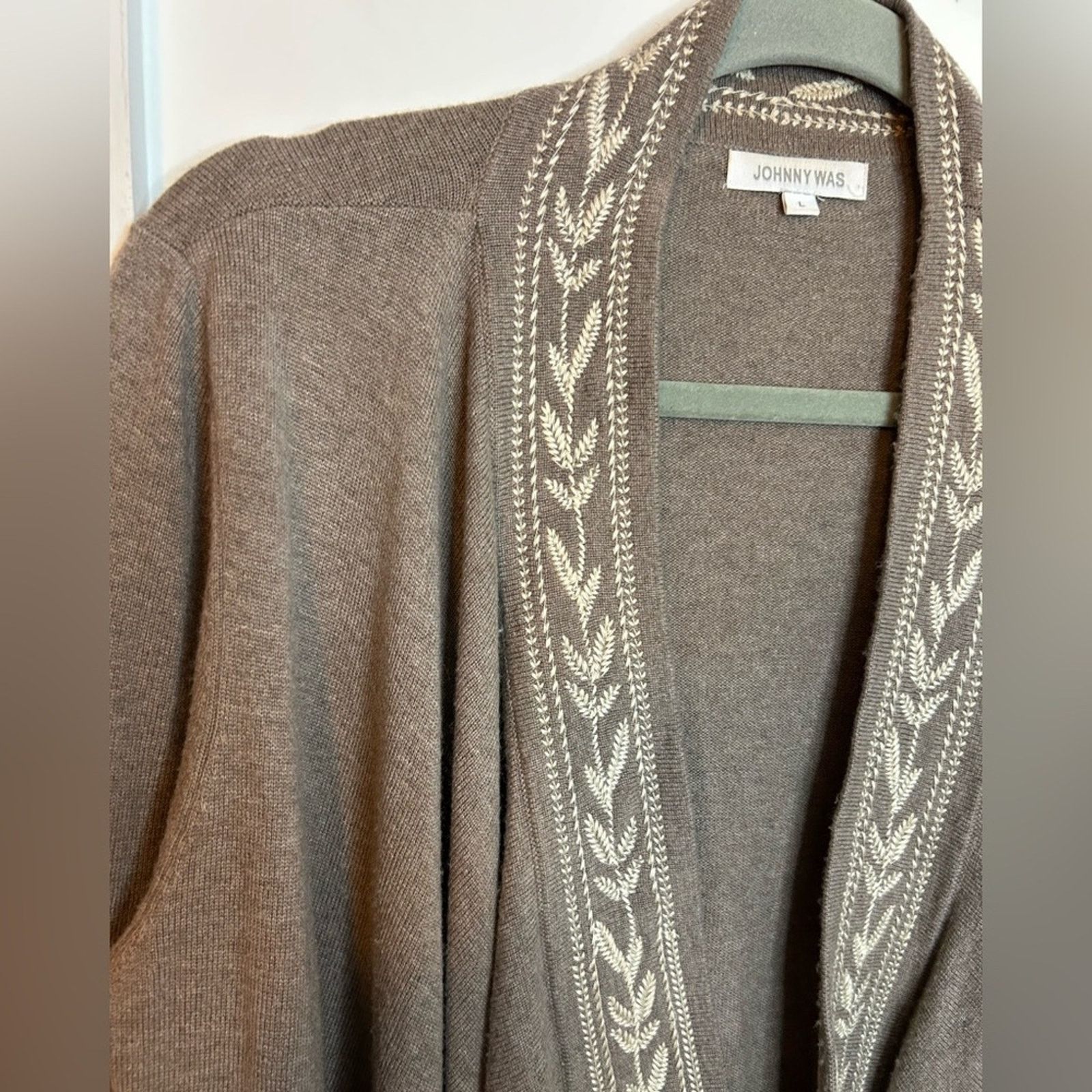 Johnny Was Johnny Was Taupe Wool Embroidered Waterfall Cardigan Size L / US 10 / IT 46 - 5 Thumbnail