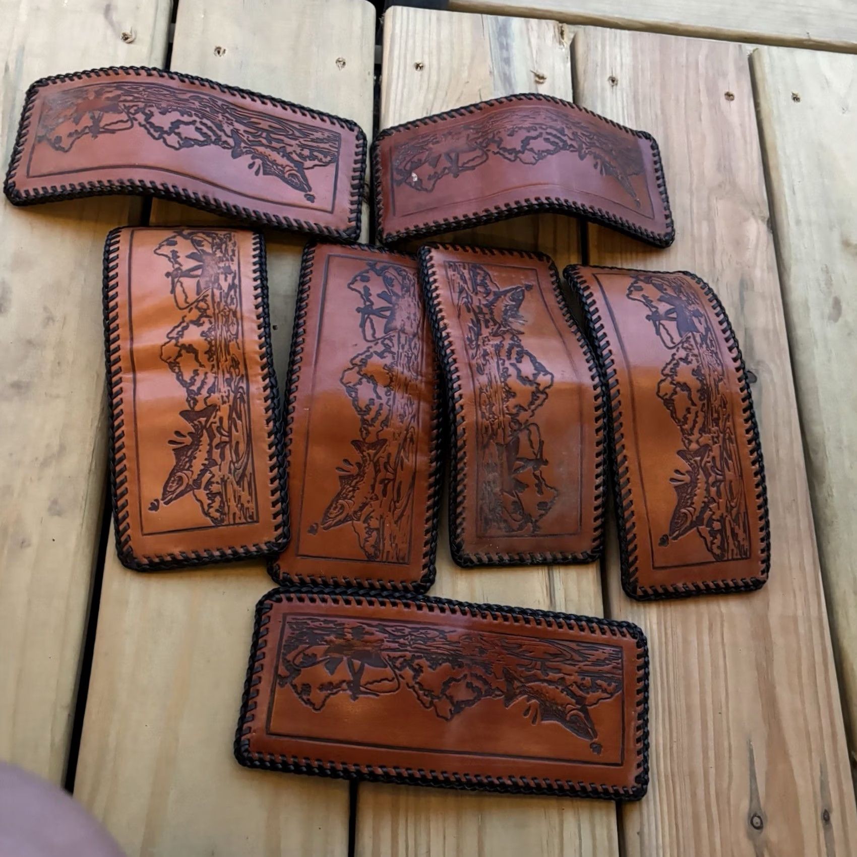 Vintage VINTAGE Wallet Leather Fish Boat Fishing Sportsman Hand Tooled Whipstitch USA Men Bifold Credit Card Folding 9in 4in Brown Size ONE SIZE - 5 Thumbnail