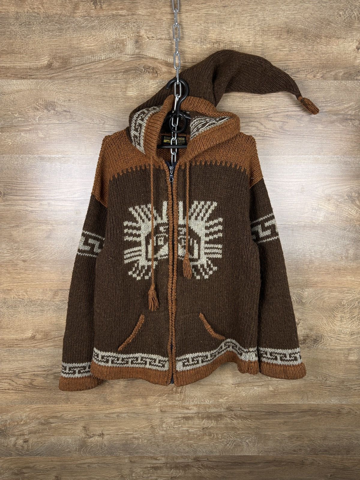 Handmade Mens Vintage Pachamama style zip hoody jacket hand knitted Size US M / EU 48-50 / 2 - 1 Thumbnail