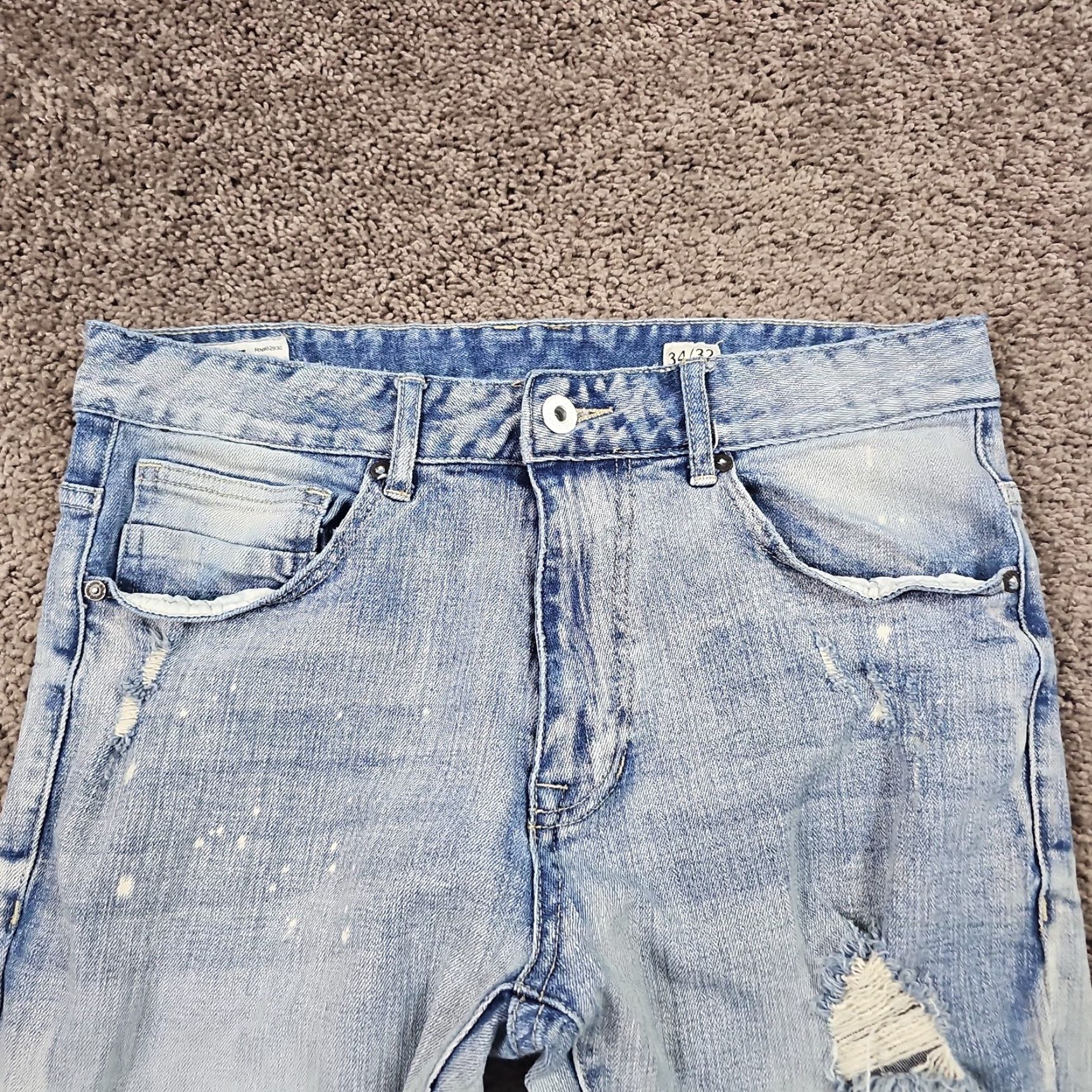 Denime Smoke Rise Jeans Mens 34 Skinny Distressed Paint Splatter Stretch Denim 31x31 Jeans Mens Skinny Distressed Blue 90s? No vintage. Size US 34 / EU 50 - 3 Thumbnail