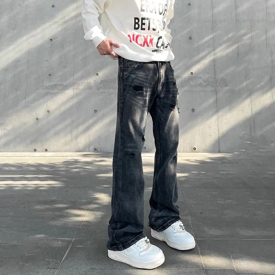 Denime × Japanese Brand Streetwear Ripped Jeans Men Autumn Black Flared Trousers Size US 27 - 1 Thumbnail