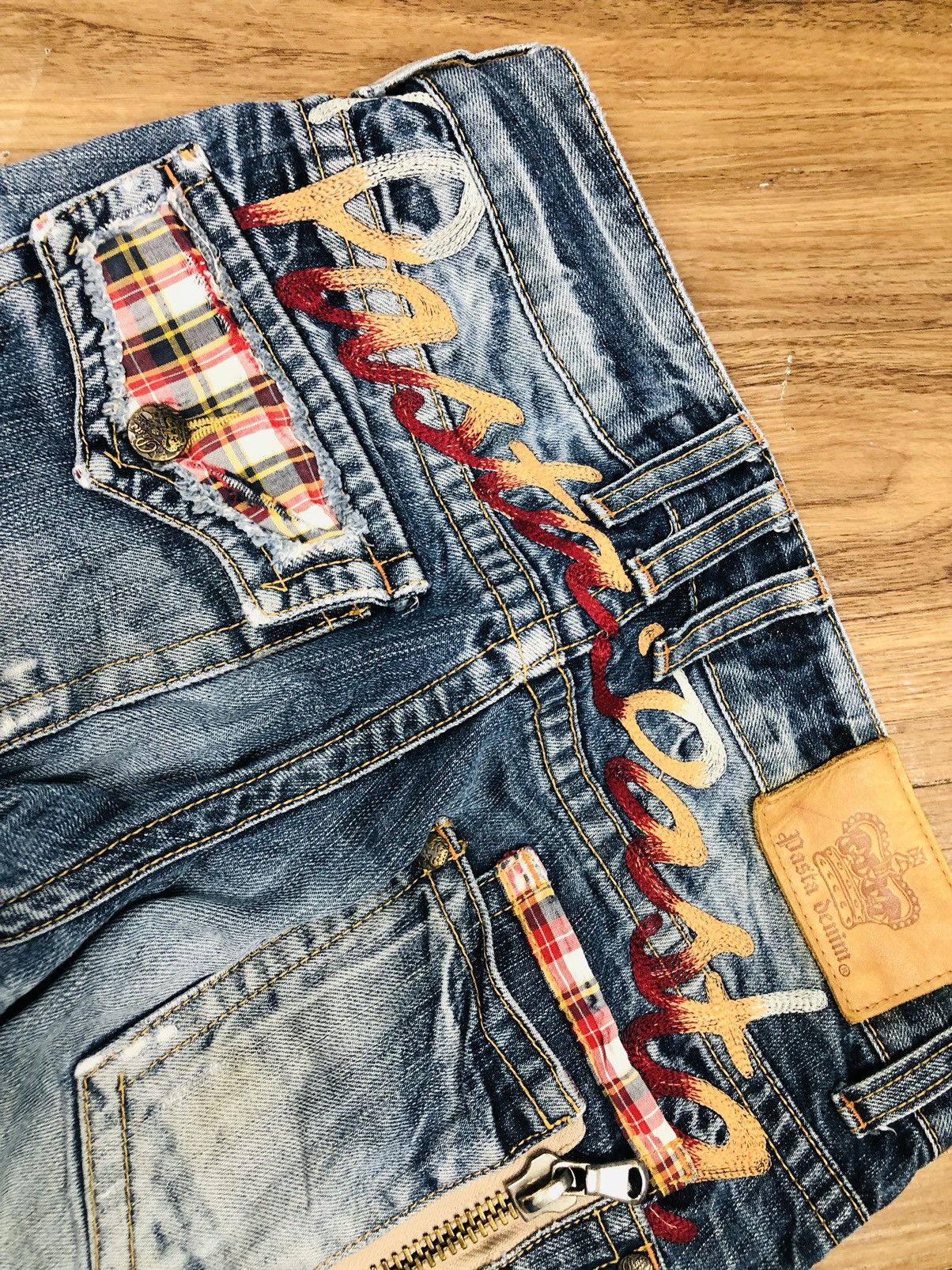 If Six Was Nine Pasta Denim Bootcut Distressed Jeans Plaid Patches (40) Size 26" / US 2 / IT 38 - 20 Thumbnail