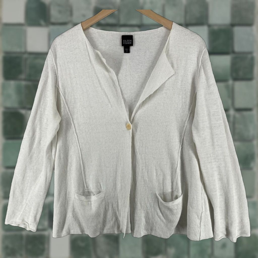 Vintage Eileen FISHER Linen Blend Cardigan M White One Button