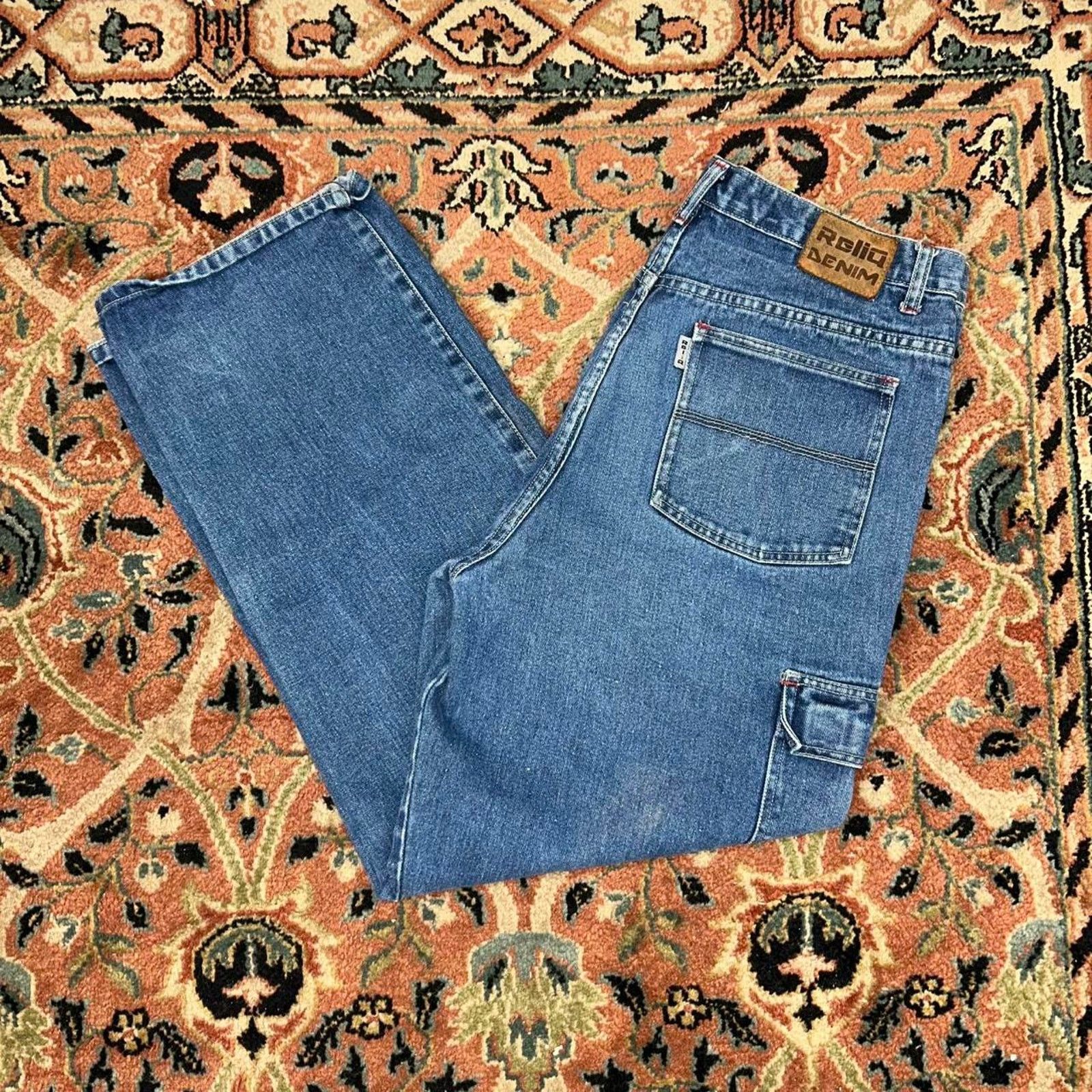 Other Vintage 90s Reliq Denim Heavy Weight Cargo Baggy Jeans 36x30 Size US 36 / EU 52 - 1 Thumbnail