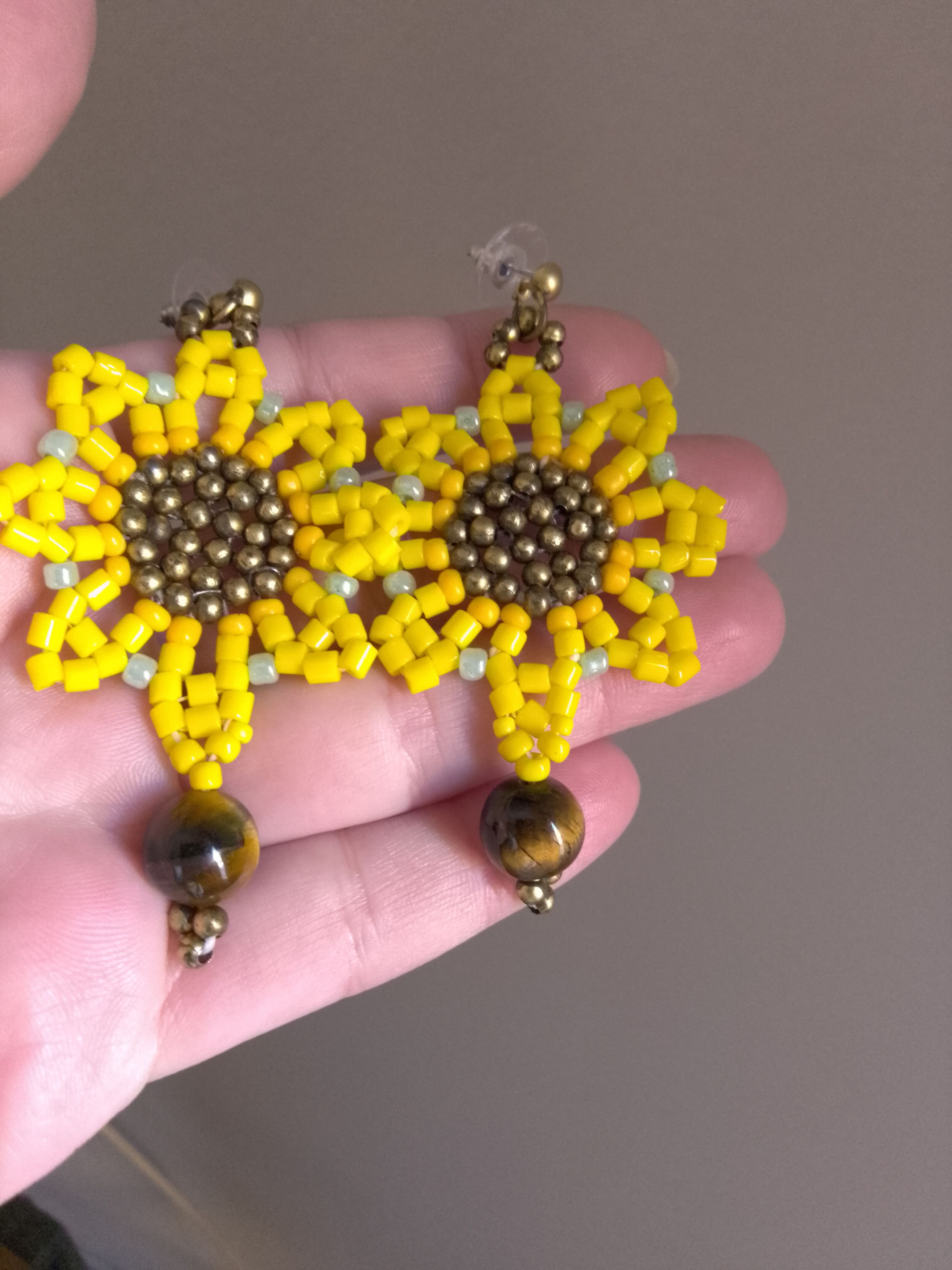 Handmade Earrings Sunflower Boho Eye of Tiger Gemstones Size ONE SIZE - 5 Thumbnail