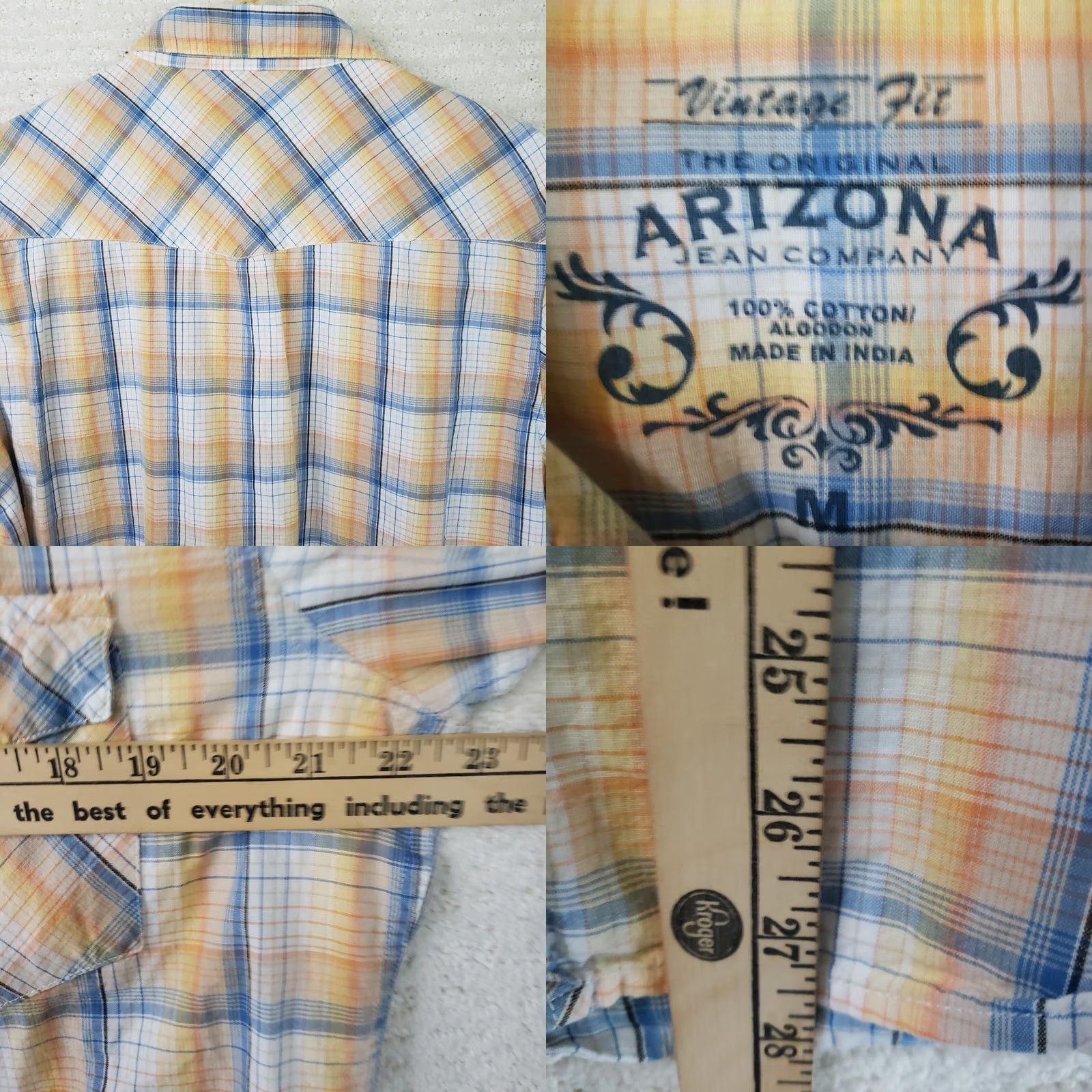 Vintage VINTAGE AriZona Western Shirt Cotton Blue Peach Plaid Short Sleeve Pearlsnap Button-Up M Mens BB 90s Size US M / EU 48-50 / 2 - 8 Thumbnail