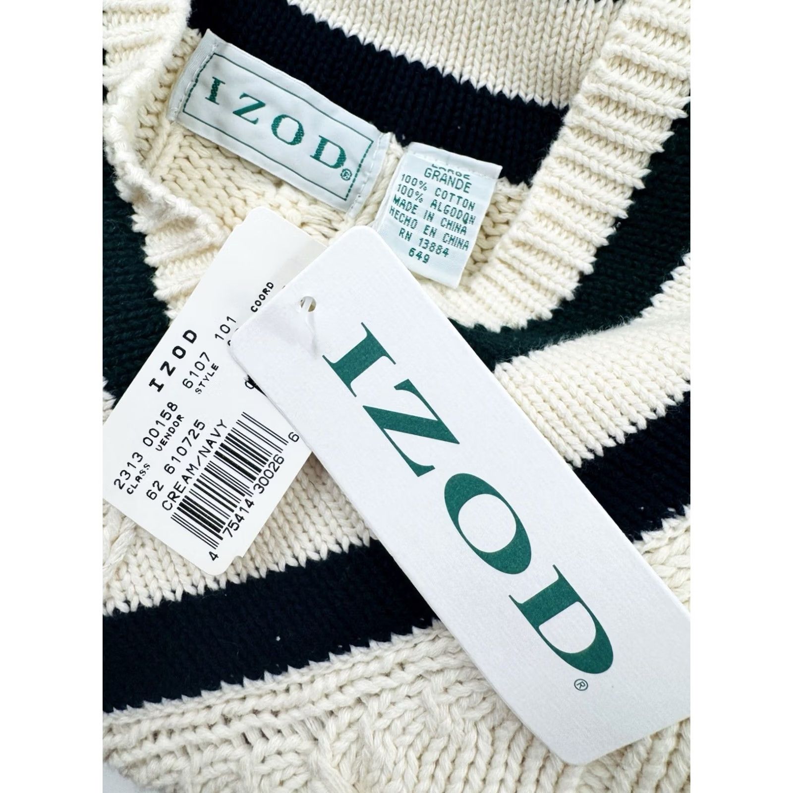 Izod IZOD Sweater - Chunky-Knit V-Neck Pullover, Embroidered, Vintage Old Stock, L, Men, Cream/Blue/Green, Knit Knit, MDL Size US L / EU 52-54 / 3 - 4 Thumbnail