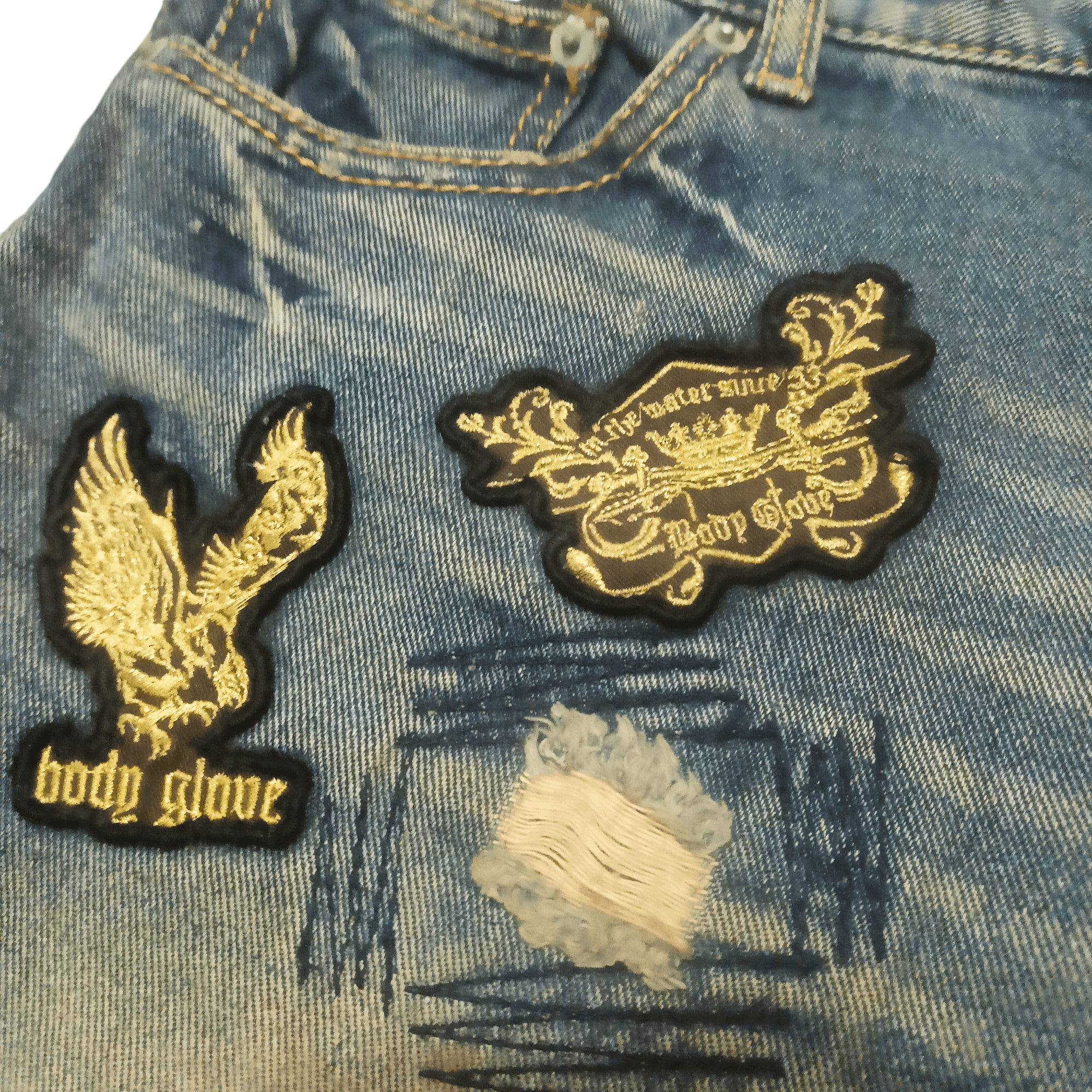 Body Glove × Japanese Brand Body glove distressed thrashed flare jeans patches patchwork Size US 31 - 8 Thumbnail