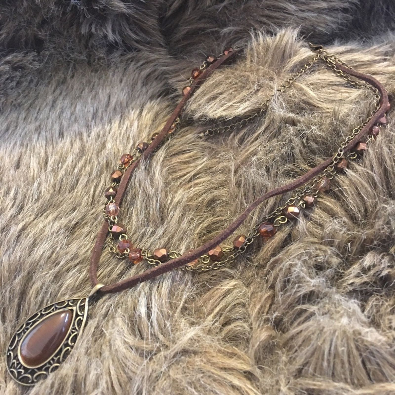 Jewelry Triple strand leather chain bead amulet necklace Size ONE SIZE - 9 Thumbnail