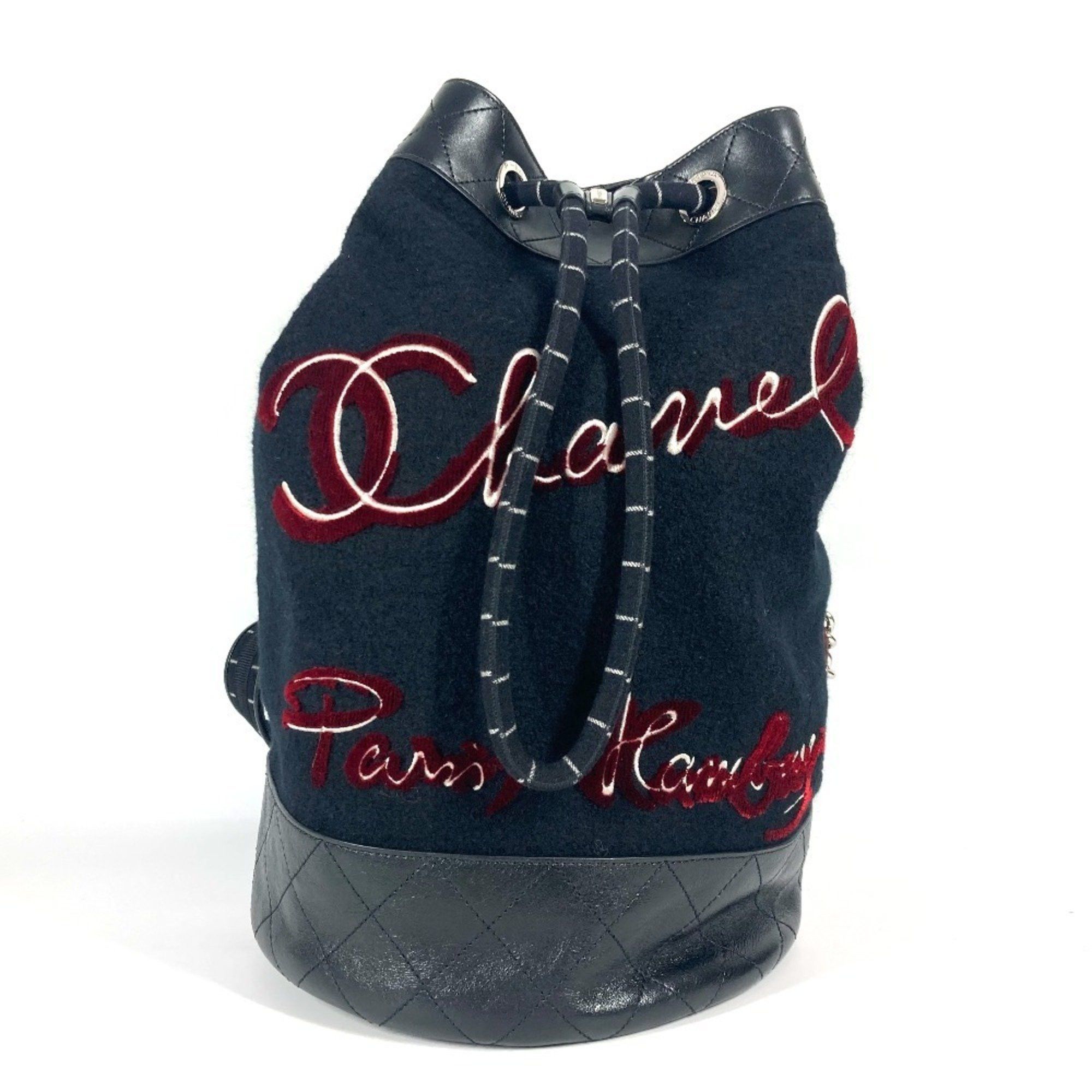 Chanel A57519 Embroidered Drawstring Bag Shoulder Chain Wool Leather Women's Black