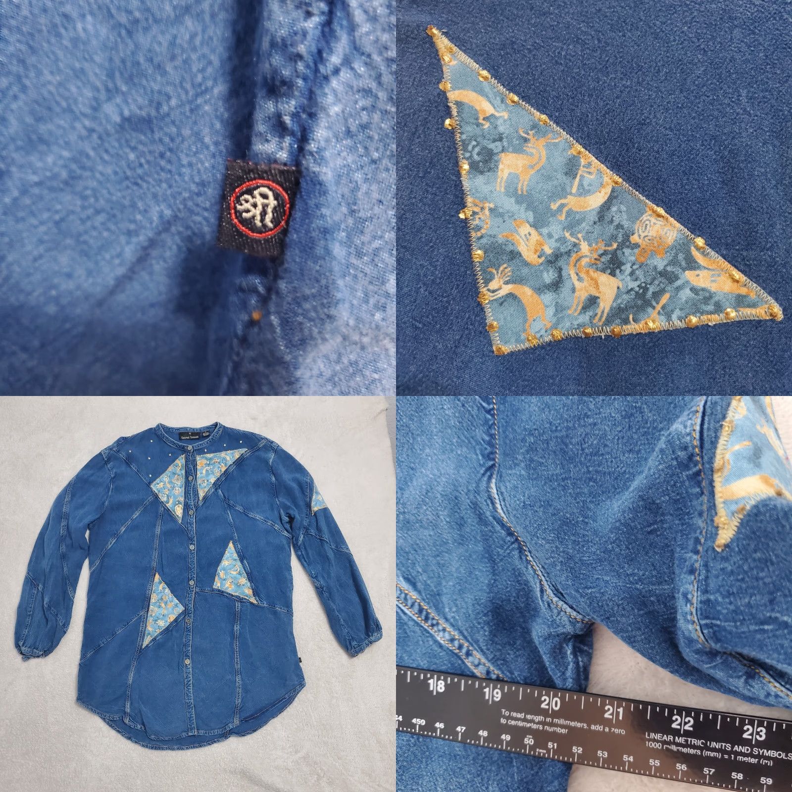 Vintage Sacred Threads Shirt Women M Blue Chambray Patchwork Southwestern Oversized Button Up Kokopelli Rhinestone Size M / US 6-8 / IT 42-44 - 8 Thumbnail