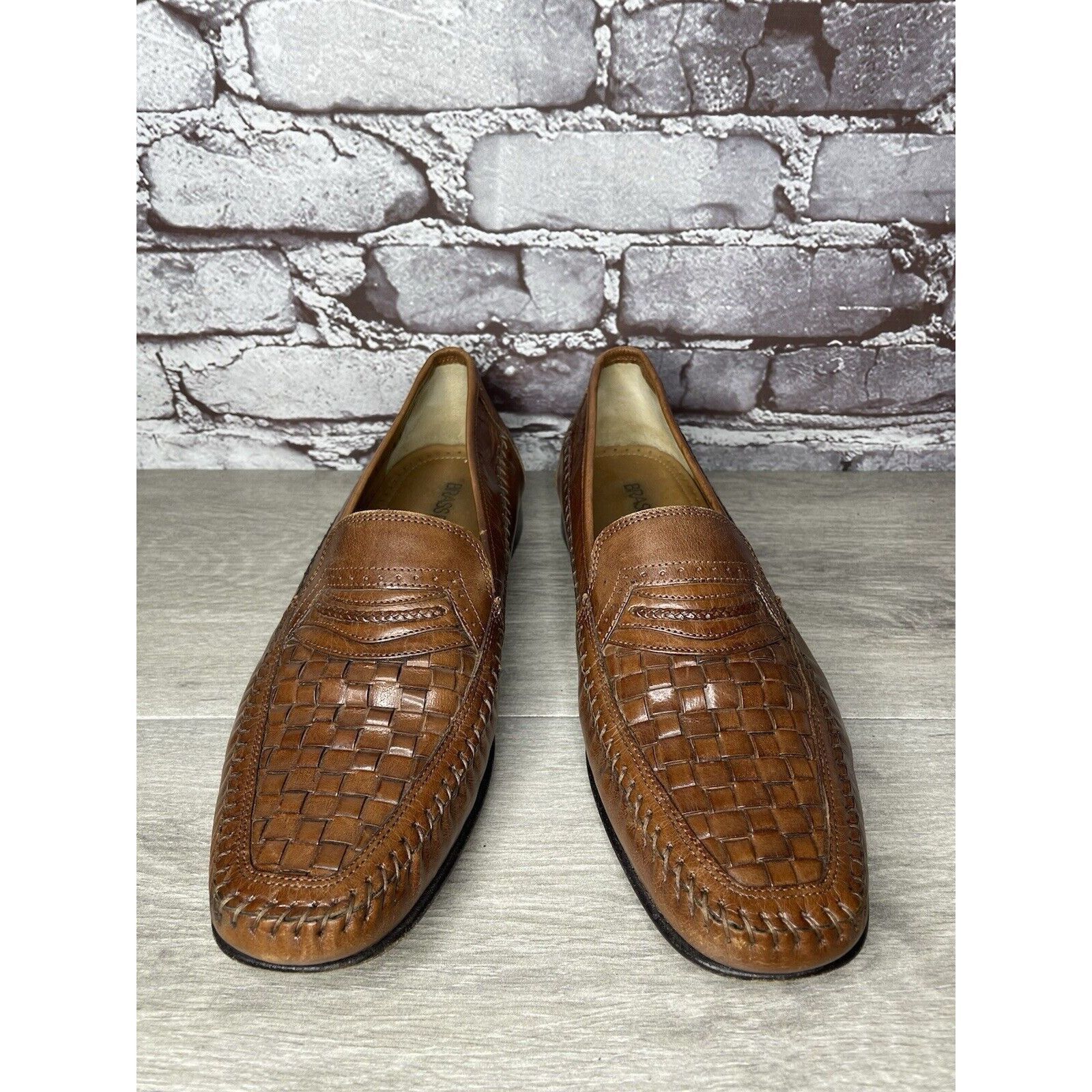 Other Brass Boot Brown Leather Basket Weave Loafers Dress Shoes Me Size US 10 / EU 43 - 4 Thumbnail