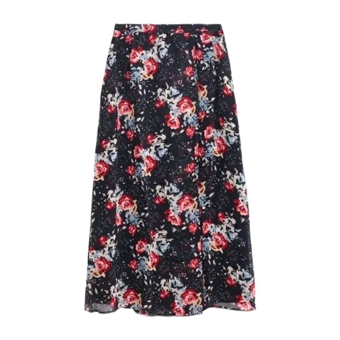Zara Zara Black Blue Pink Floral Wrap Midi Skirt Womens Medium Size 29" - 2 Thumbnail