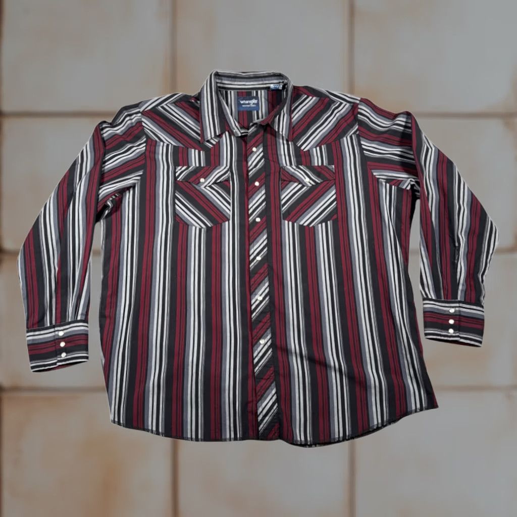 Wrangler VINTAGE Wrangler Western Shirt Adult 2XL Black Striped Pearl Snap Cowboy Shirt Mens 2XL Long Sleeve Button-Up Cotton Blend Size US XXL / EU 58 / 5 - 1 Thumbnail