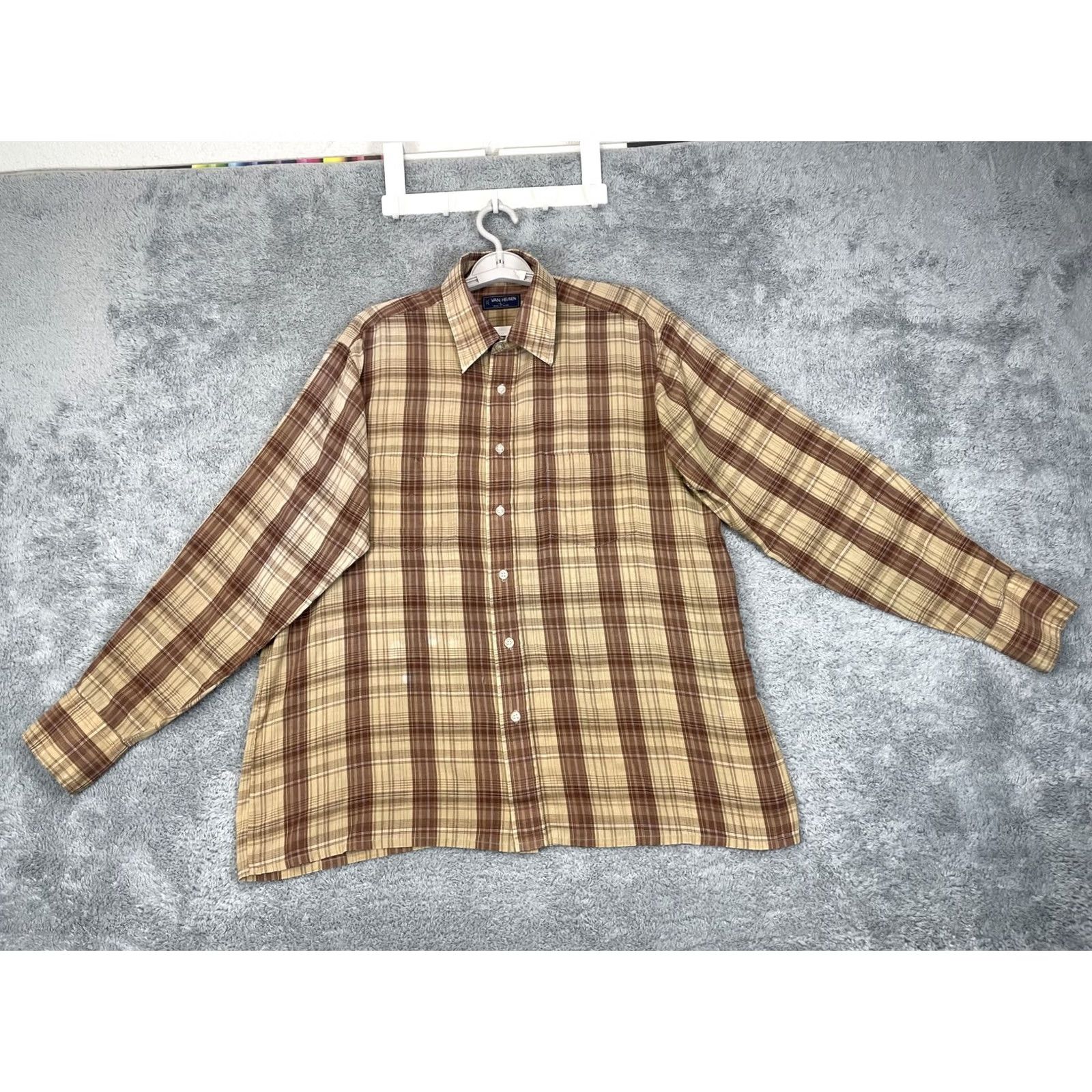 Van Heusen Van Heusen Shirt Mens Large Brown Beige Plaid Button-Down Long Sleeve Casual Size US L / EU 52-54 / 3 - 2 Thumbnail