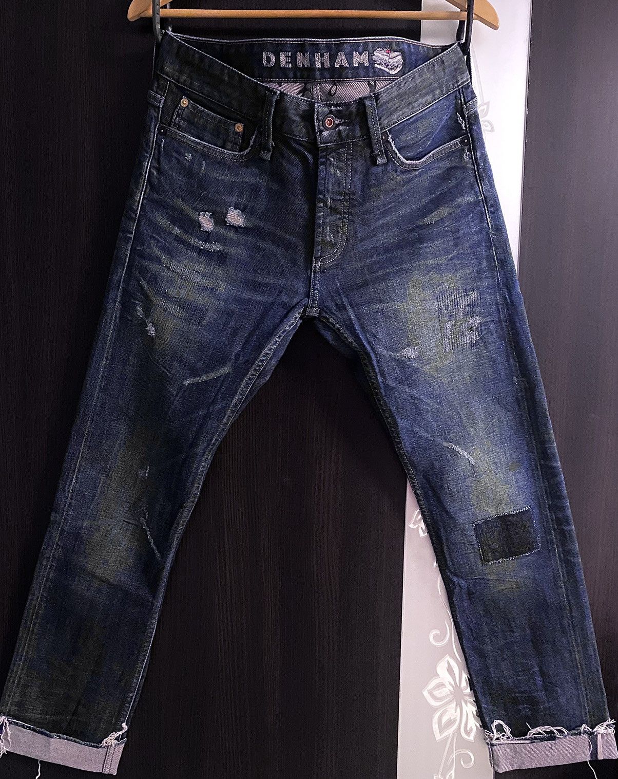 DENHAM Razor Washed Distressed Patchwork Stitched Fringed Torn Size US 30 / EU 46 - 2 Thumbnail