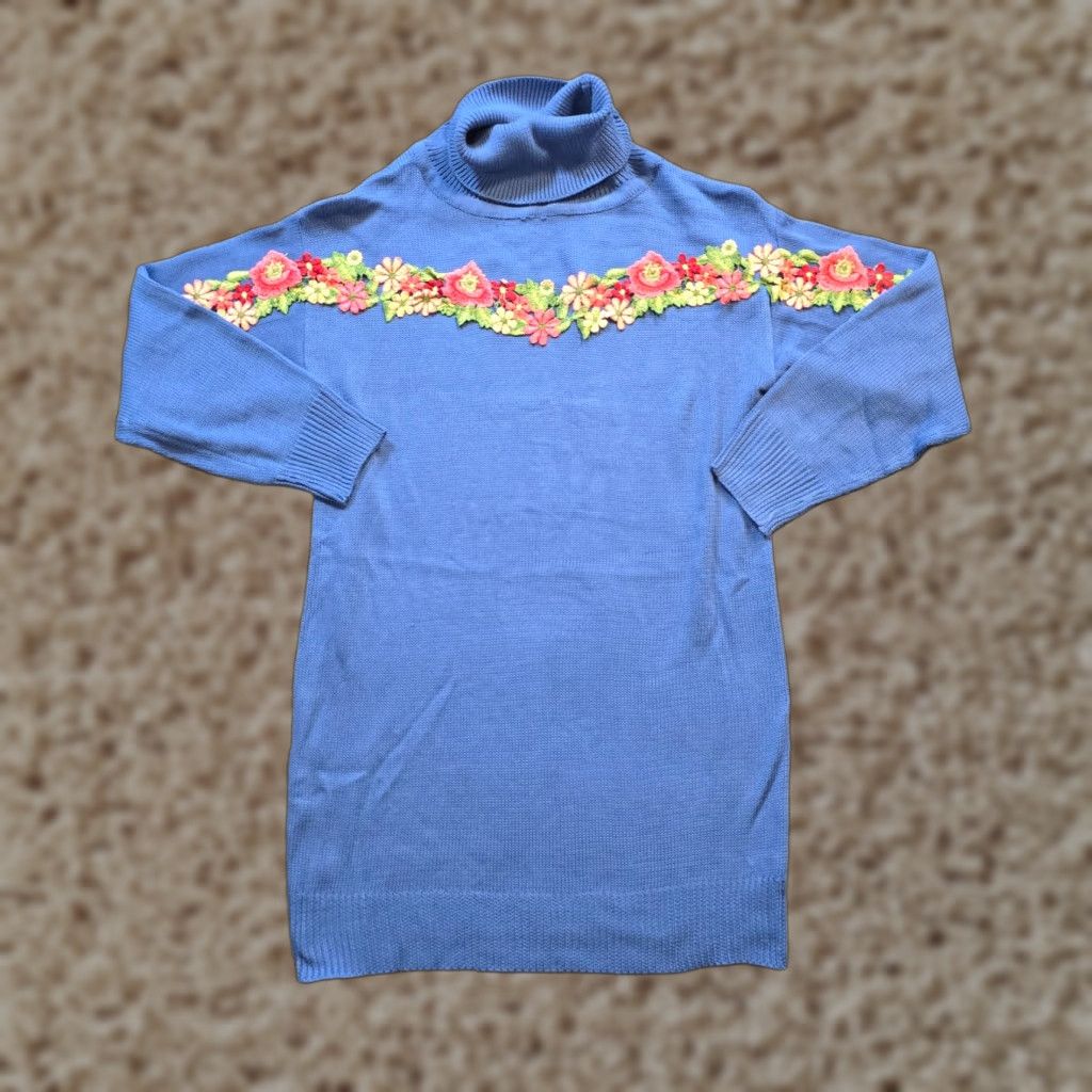 Vintage Misslook Sweater XL Womens Blue Flowers Turtleneck Knit Long Sleeve Capsule Size XL / US 12-14 / IT 48-50 - 1 Thumbnail
