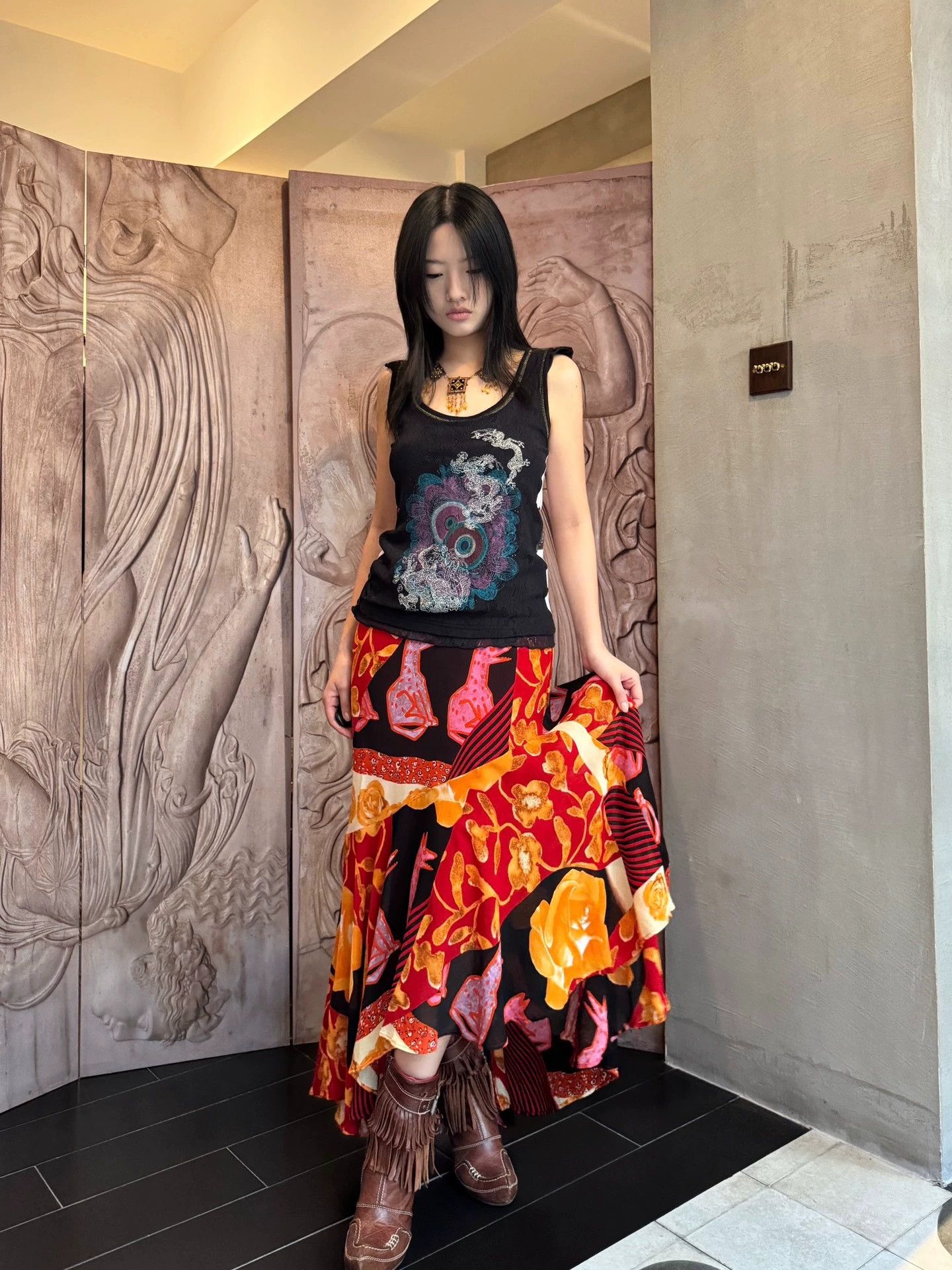 Other French Brand Color - Printed Irregular Hem Silk Skirt Size 26" / US 2 / IT 38 - 1 Thumbnail