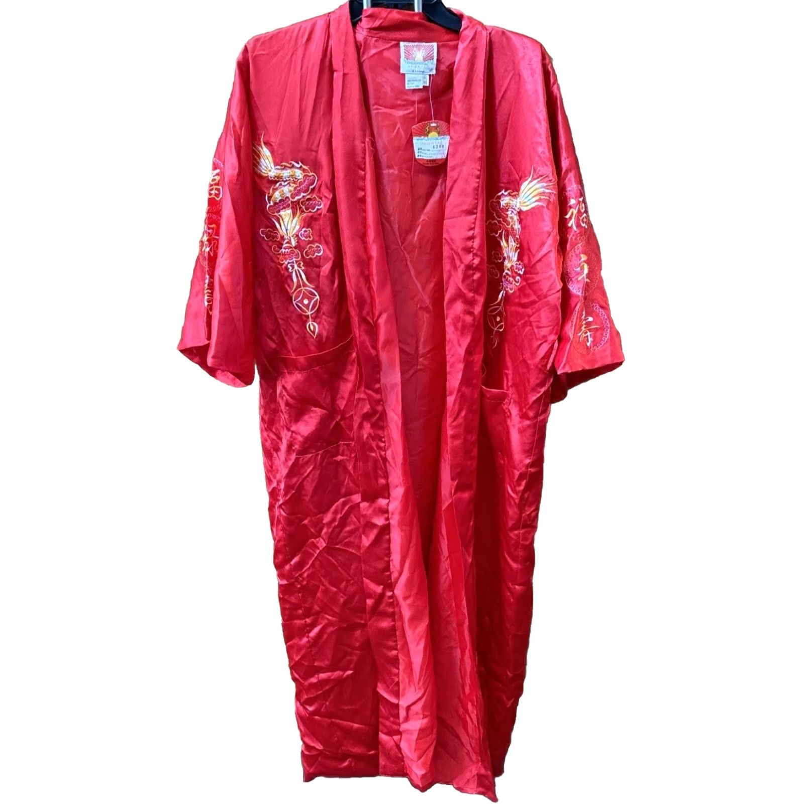 Vintage VINTAGE Unbranded Satin Kimono Robe Red Orange Embroidered Dragon Pockets Lined Open Front XXL Unisex Adults Size ONE SIZE - 2 Thumbnail
