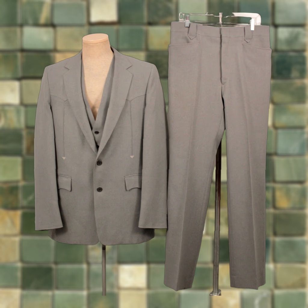 Vintage VINTAGE Men's VTG 70s Grey 3 PC Western Leisure Suit Sz M 1970s Disco Polyester Shirt Jacket Pants Mens Size 40R - 1 Thumbnail