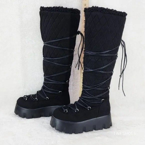Other Winter Stomper 2" Platform Knee Boots Jet Black Fx Fur Trim Size US 11 / IT 41 - 3 Thumbnail