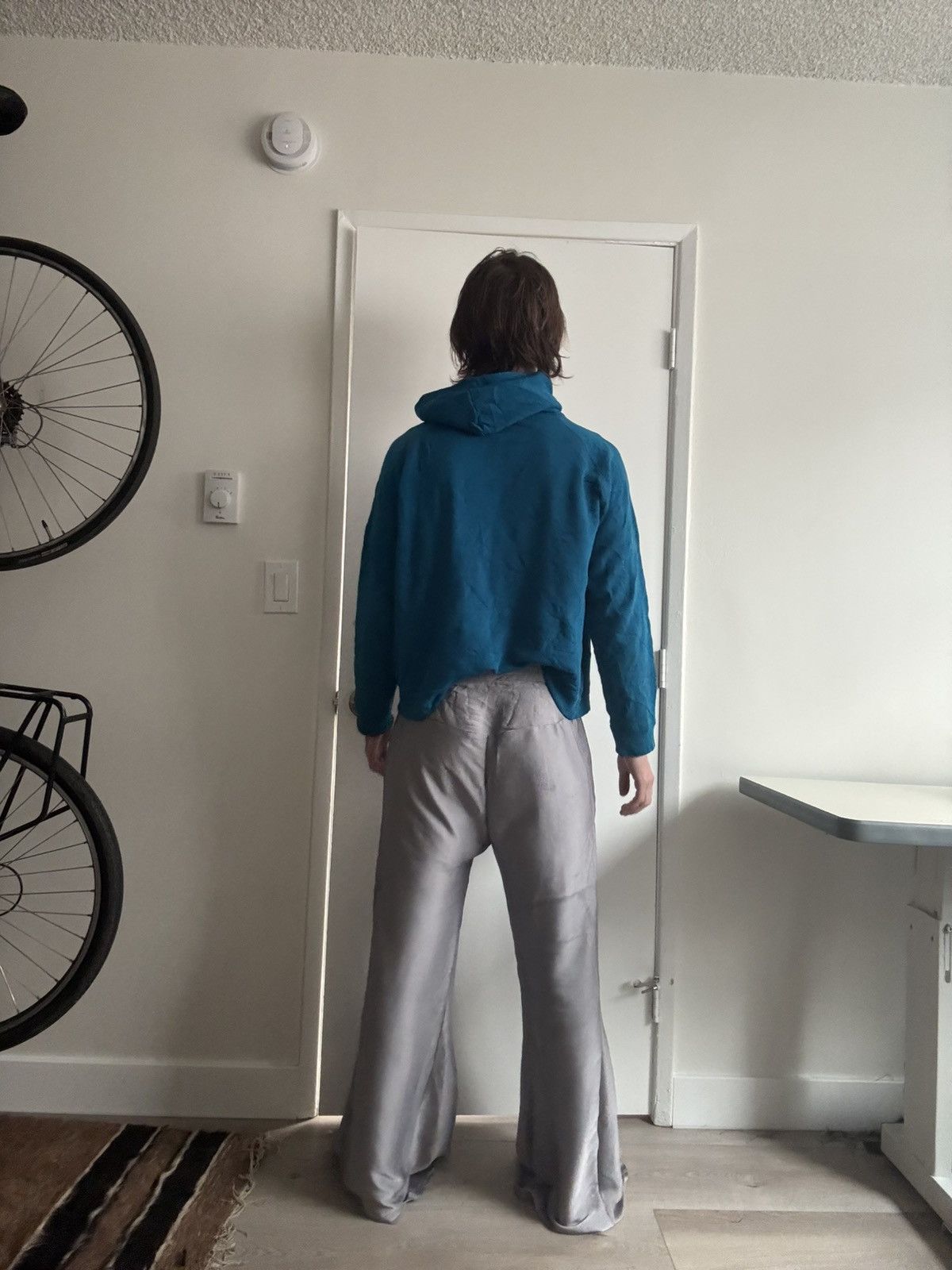 Other Custom Made Silver Silk Charmeuse Bell Bottom Pants – Medium Size US 34 / EU 50 - 2 Thumbnail