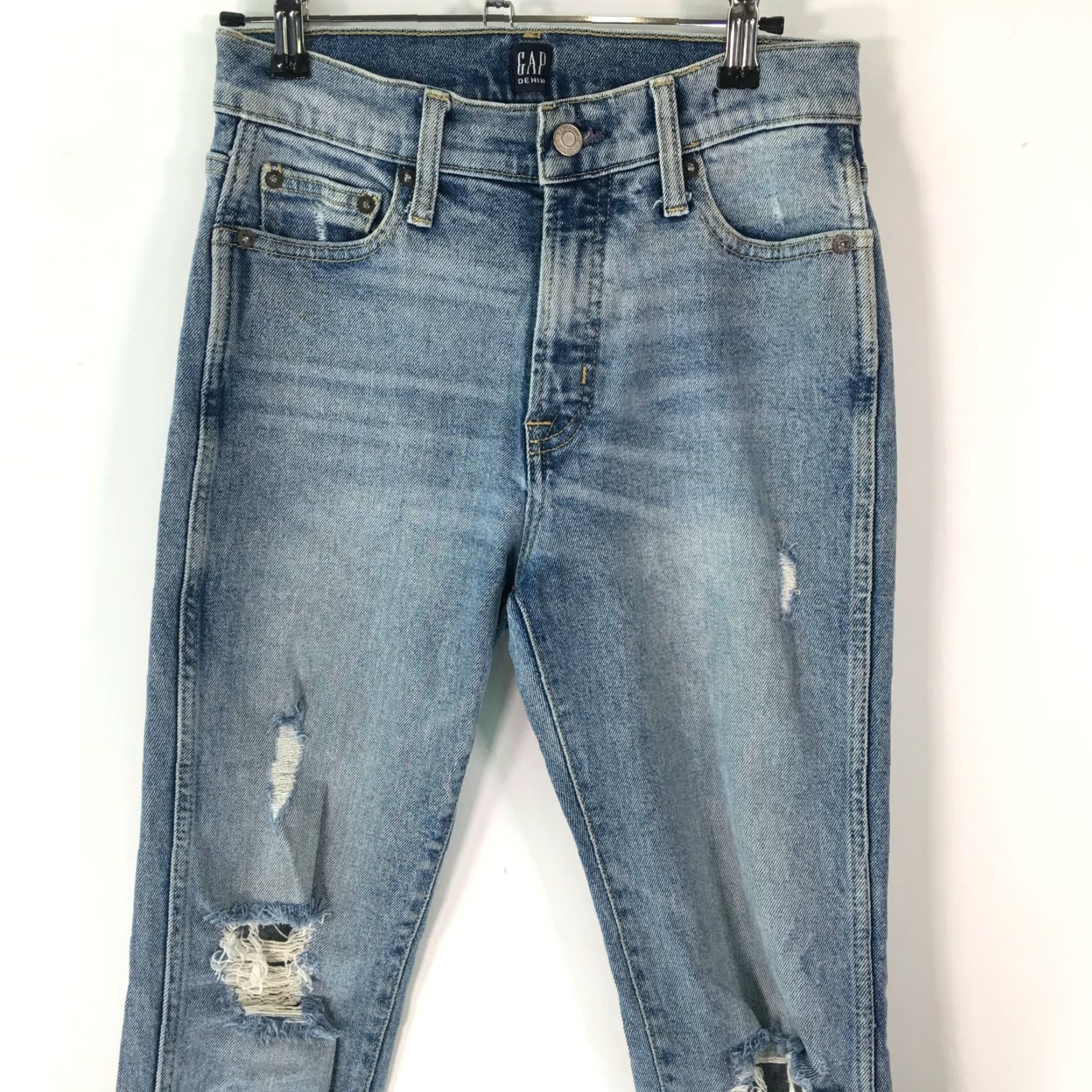 Gap Gap Women Jeans Slim Straight Distressed Blue 25 Regular Inseam 32 Mid Rise Denim 5-Pocket Button Zipper Belt Loops US Size 25R/26X32 Size 42" / US 20 - 2 Thumbnail