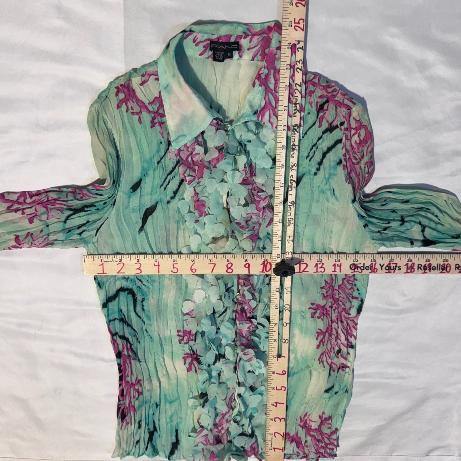 Other Piano Seafoam Green & Pink Floral Ruffle Y2K Sheer Blouse Bu Size M / US 6-8 / IT 42-44 - 7 Thumbnail