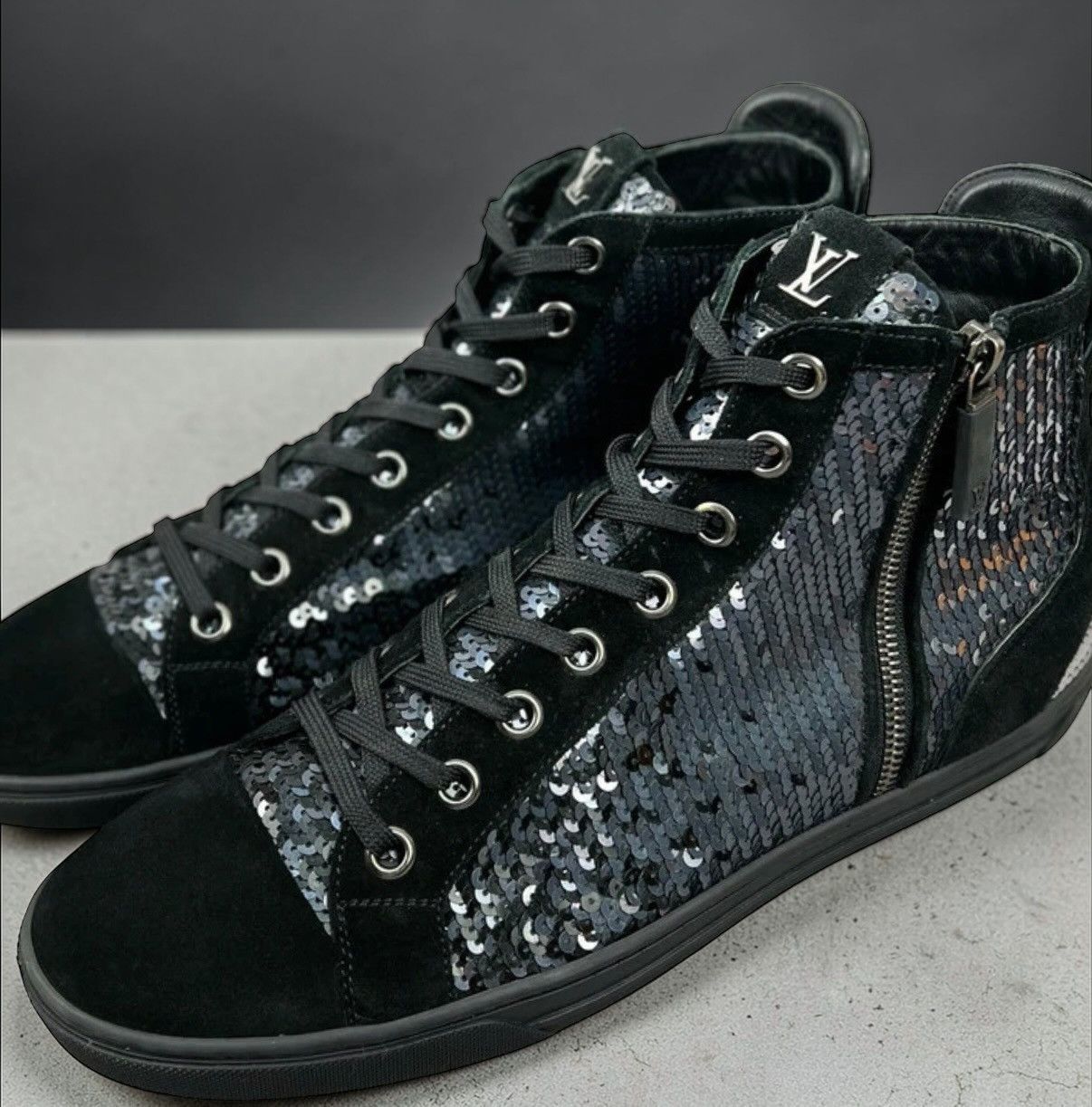Louis Vuitton Louis Vuitton Sequin High-Top Sneakers Black Suede LV Rare Size US 9.5 / EU 42-43 - 1 Thumbnail