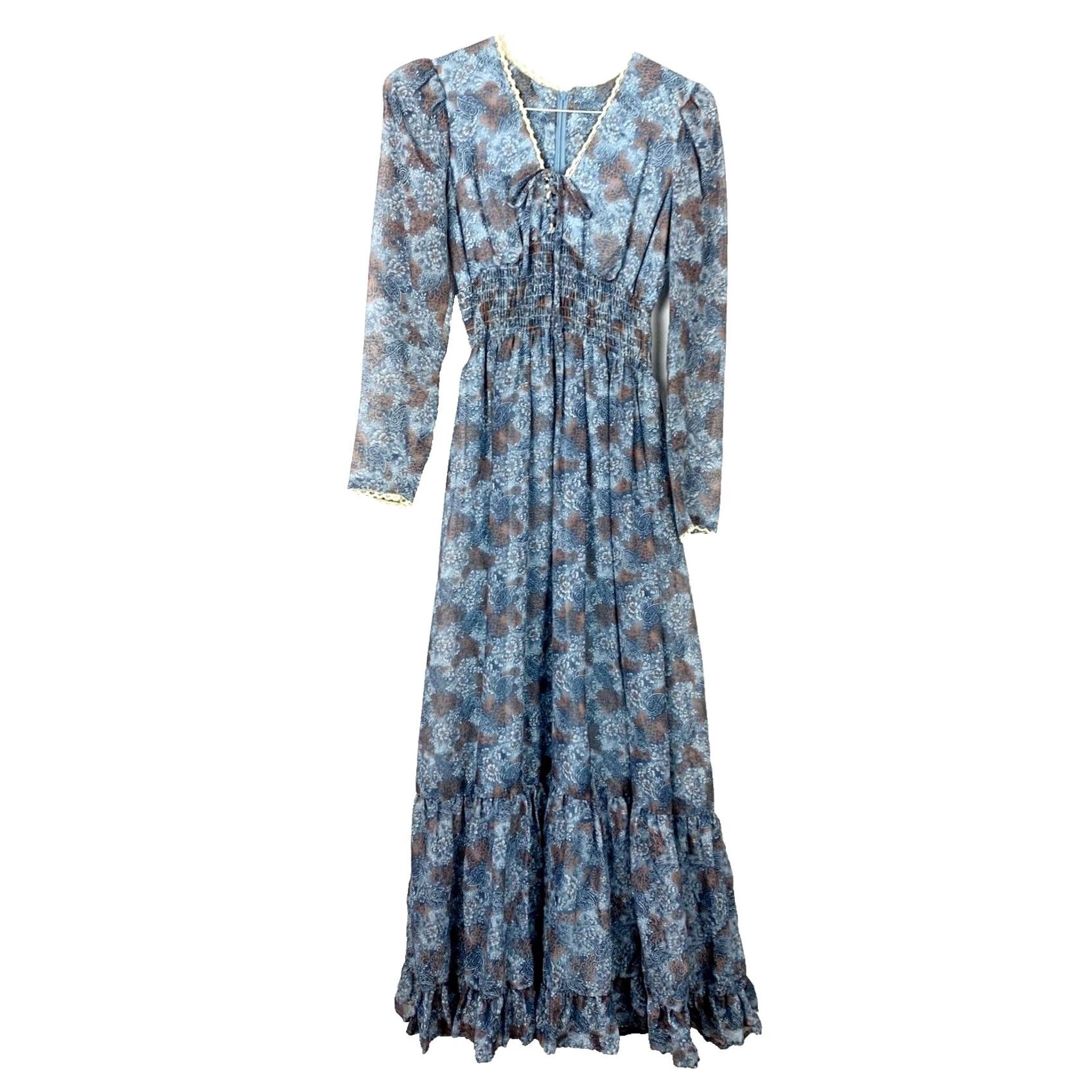 Vintage VINTAGE 70s Candi Jones California Bohemian Prairie Cottage Maxi Dress Paisley Blue 5 Womens Size S / US 4 / IT 40 - 2 Thumbnail