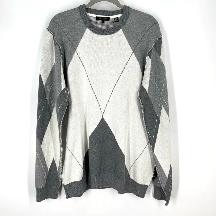 Ted Baker Ted Baker Avebury Diamond Crew Neck Sweater Argyle Gray XL