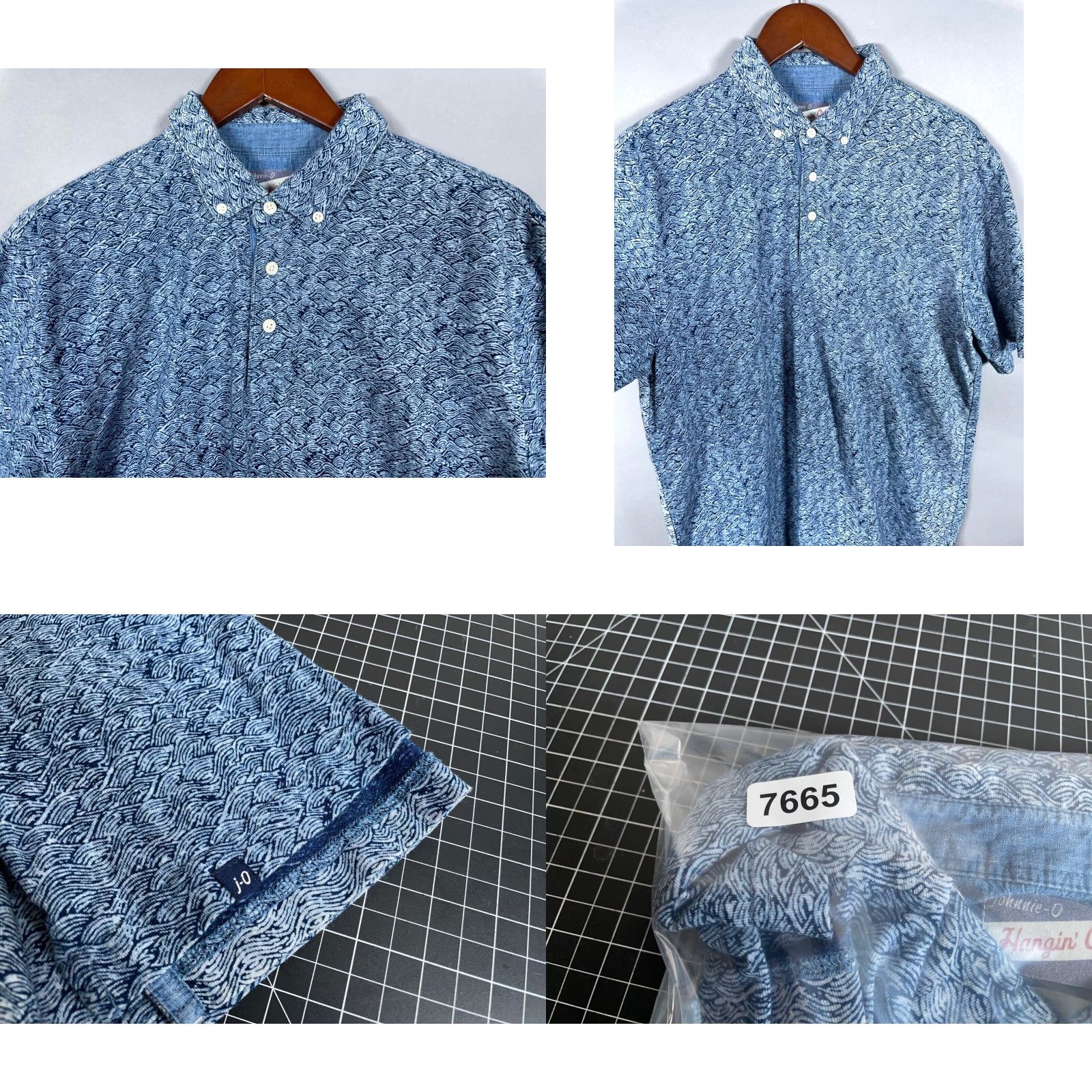 johnnie-O johnnie-O Men's Polo Shirt Large Blue Geometric Pattern Short Sleeve Button-Down Collar Golf Size US L / EU 52-54 / 3 - 8 Thumbnail